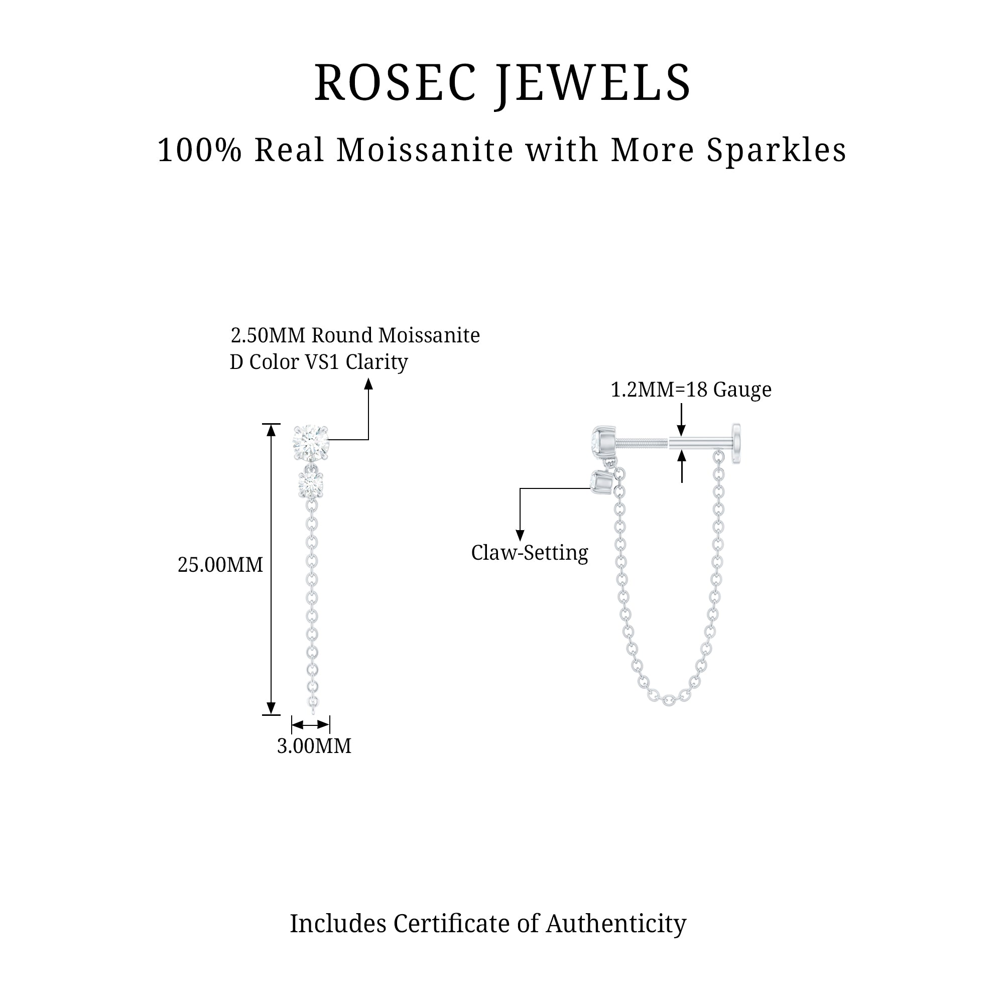 Round Moissanite Chain Drop Earring for Cartilage Piercing D-VS1 - Rosec Jewels