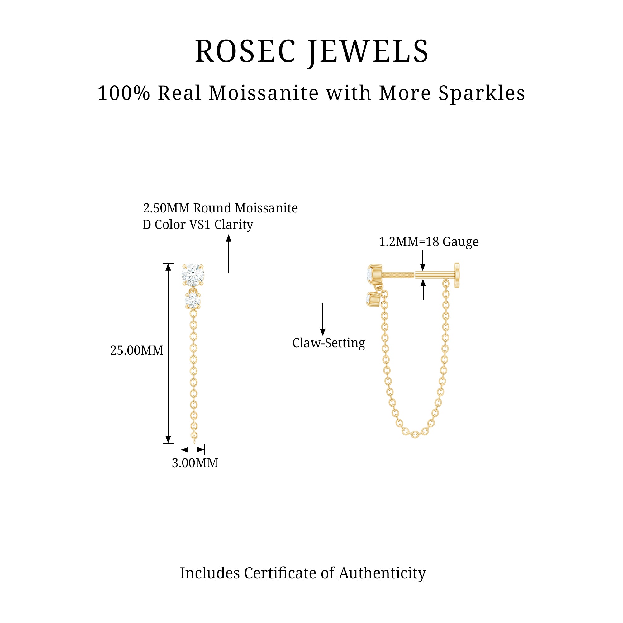 Round Moissanite Chain Drop Earring for Cartilage Piercing D-VS1 - Rosec Jewels