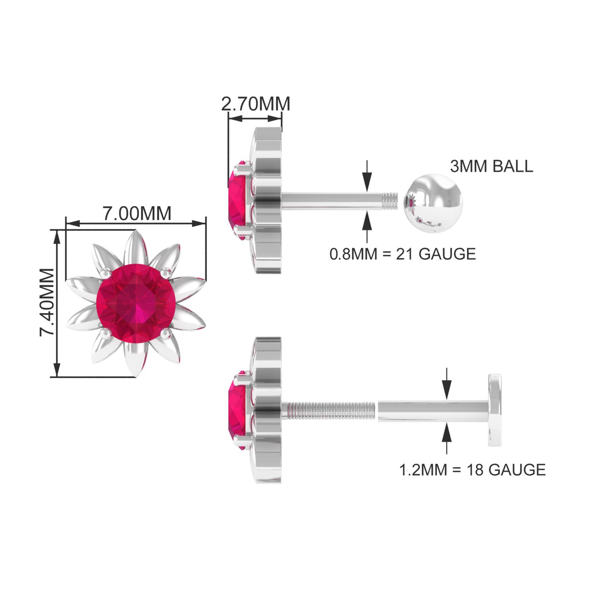 Rosec Jewels-Red Ruby Flower Earring for Cartilage Piercing