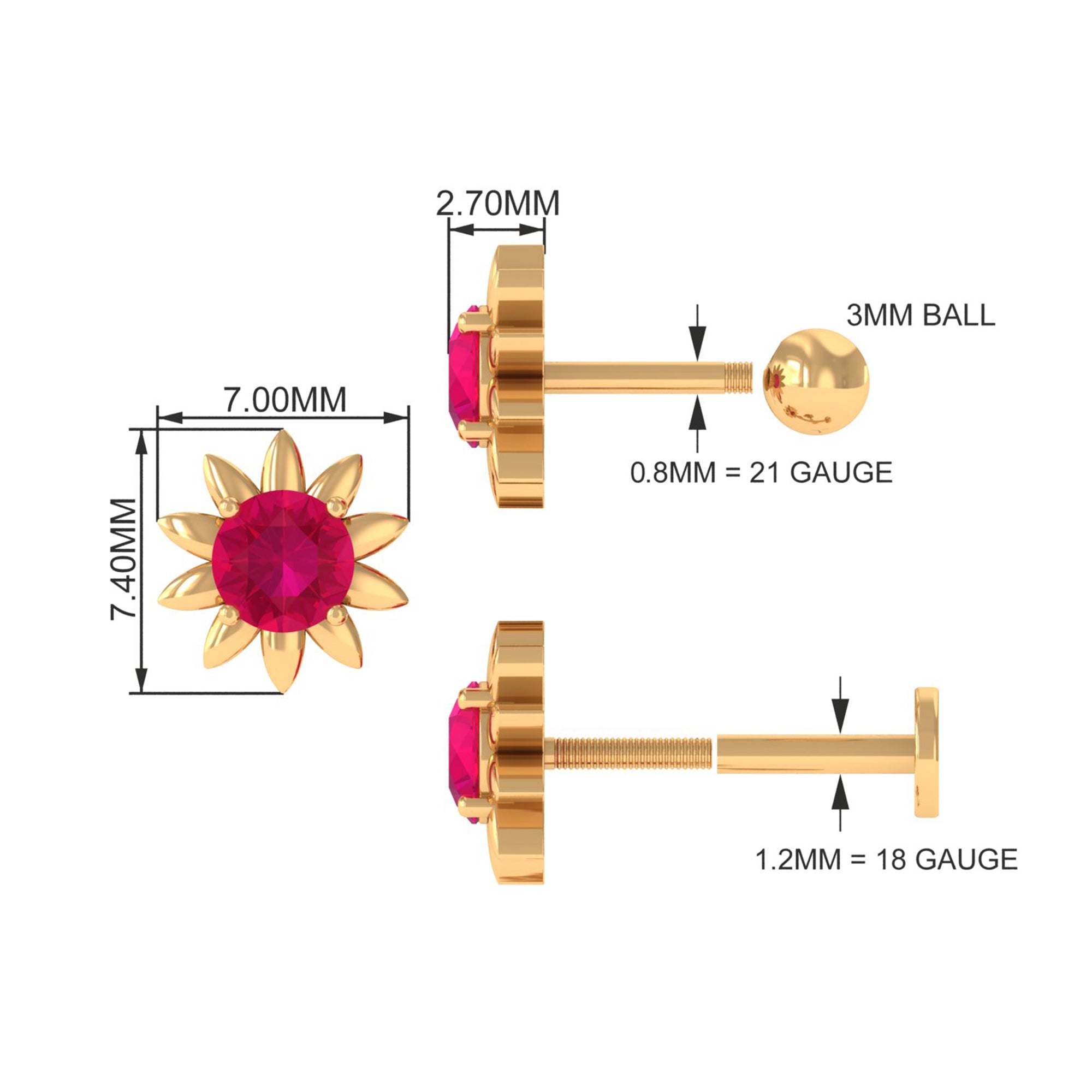 Rosec Jewels-Red Ruby Flower Earring for Cartilage Piercing