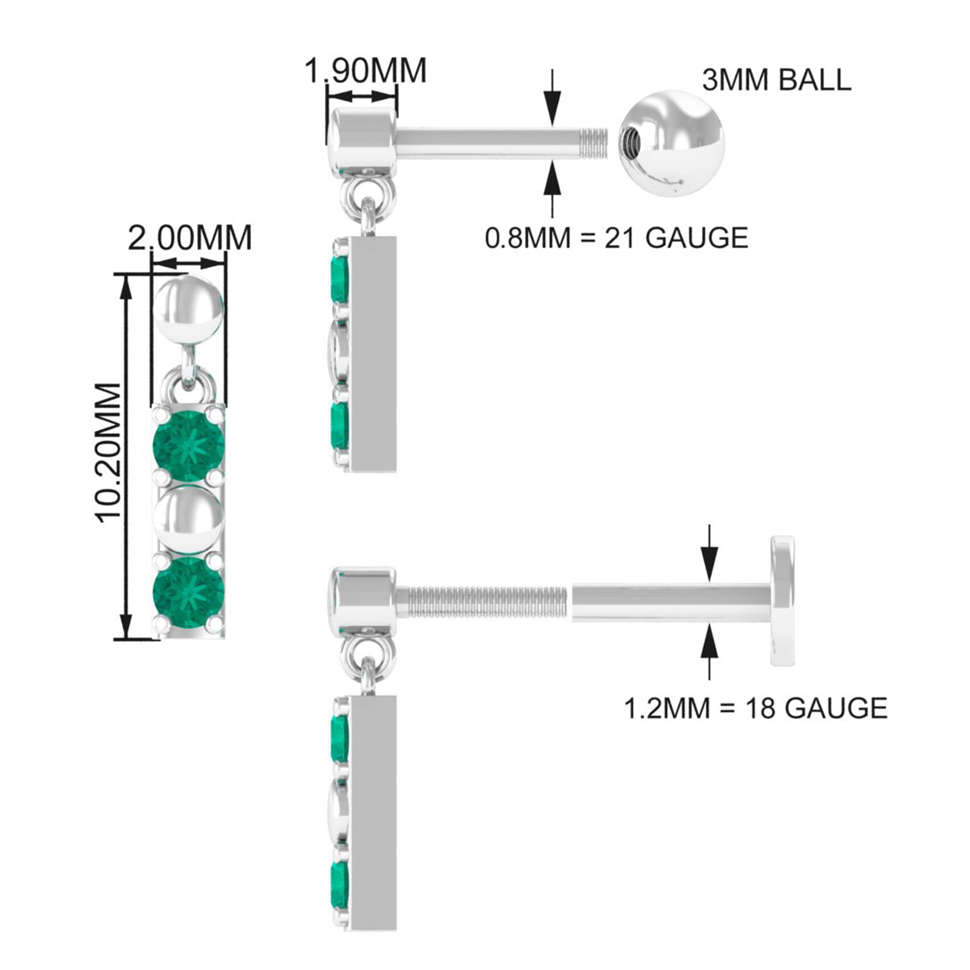 Rosec Jewels-Simple Emerald Bar Drop Earring for Cartilage Piercing