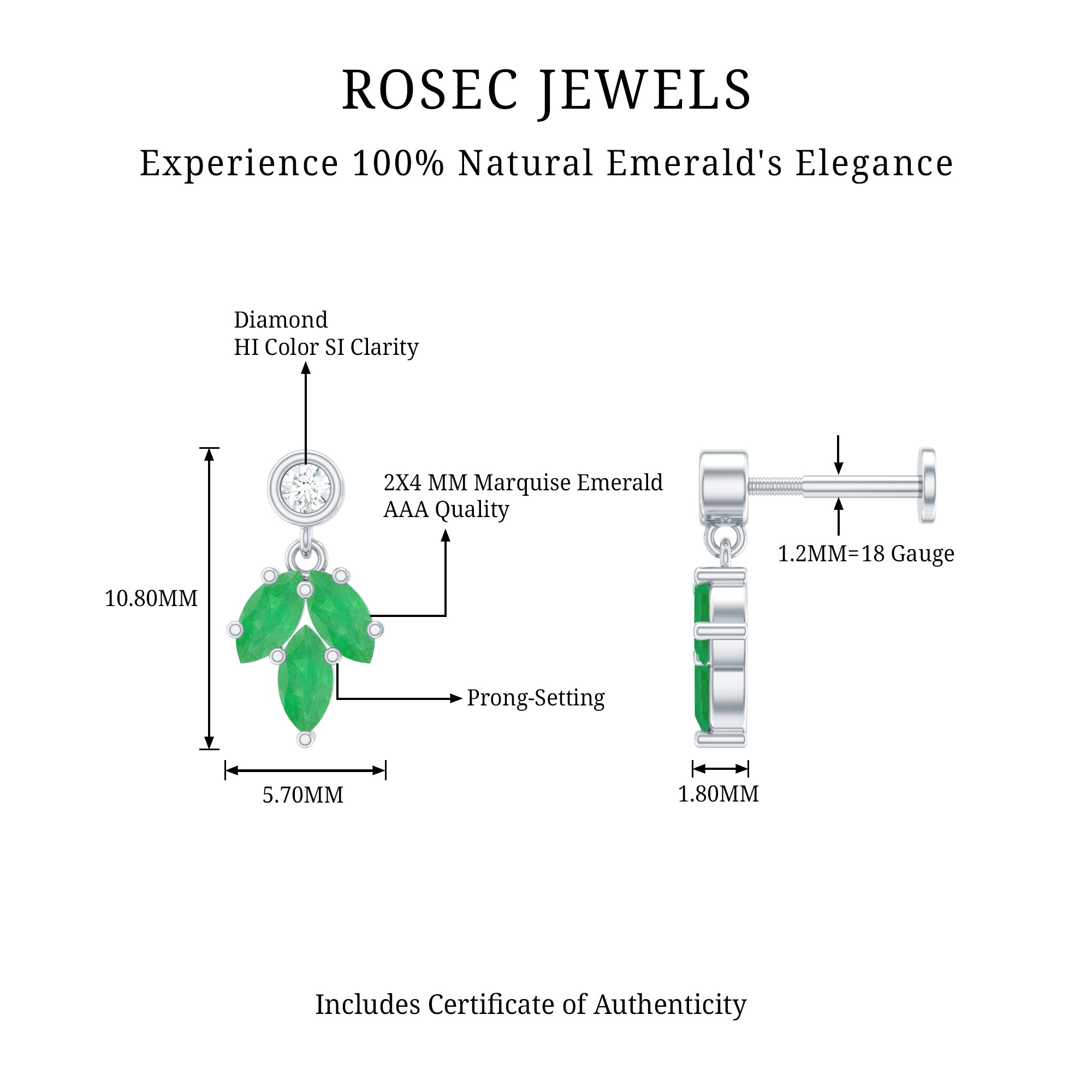 Marquise Emerald Leaf Earring for Helix Piercing AAA - Rosec Jewels
