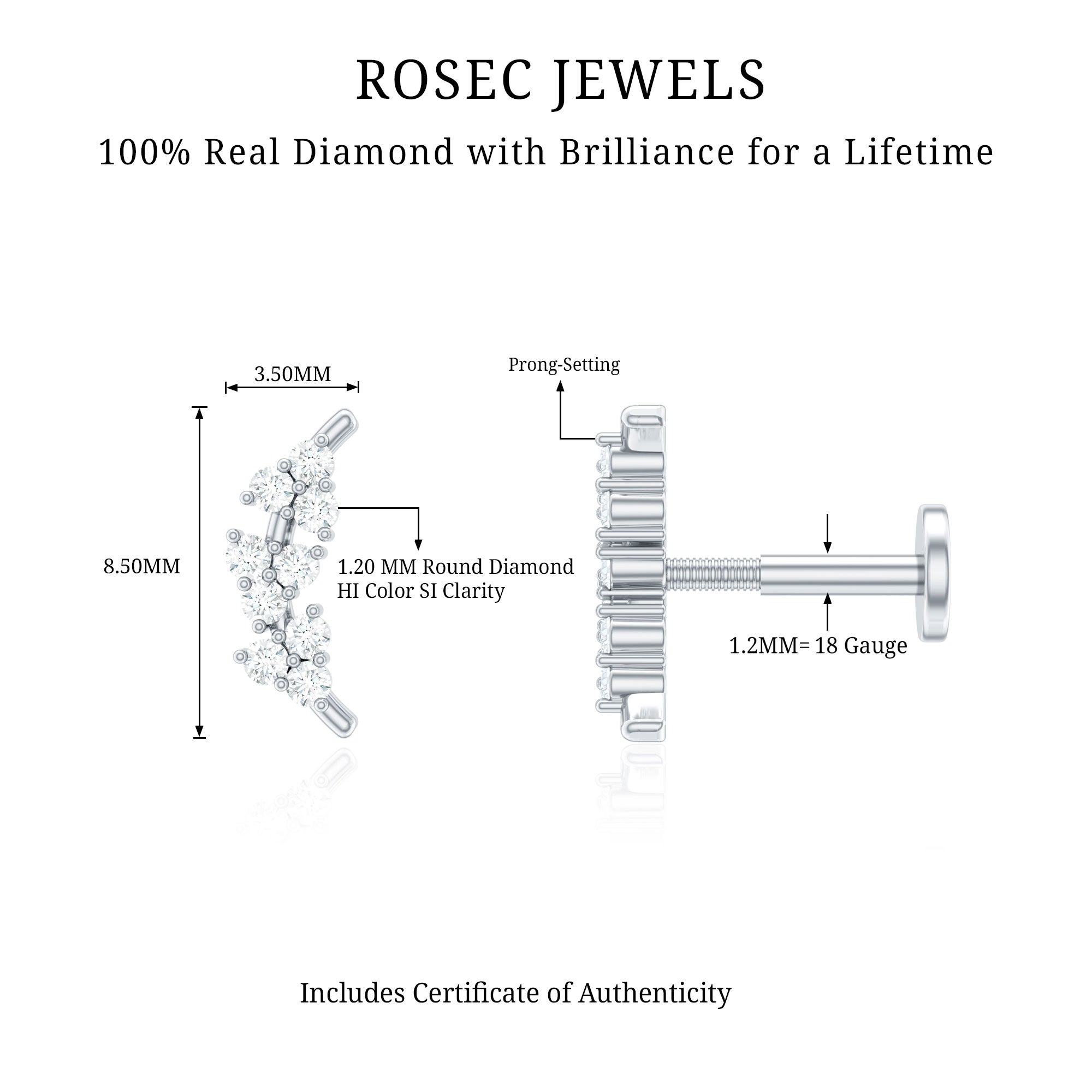 Natural Round Diamond Cluster Curved Helix Earring Natural - ( HI-SI ) - Rosec Jewels