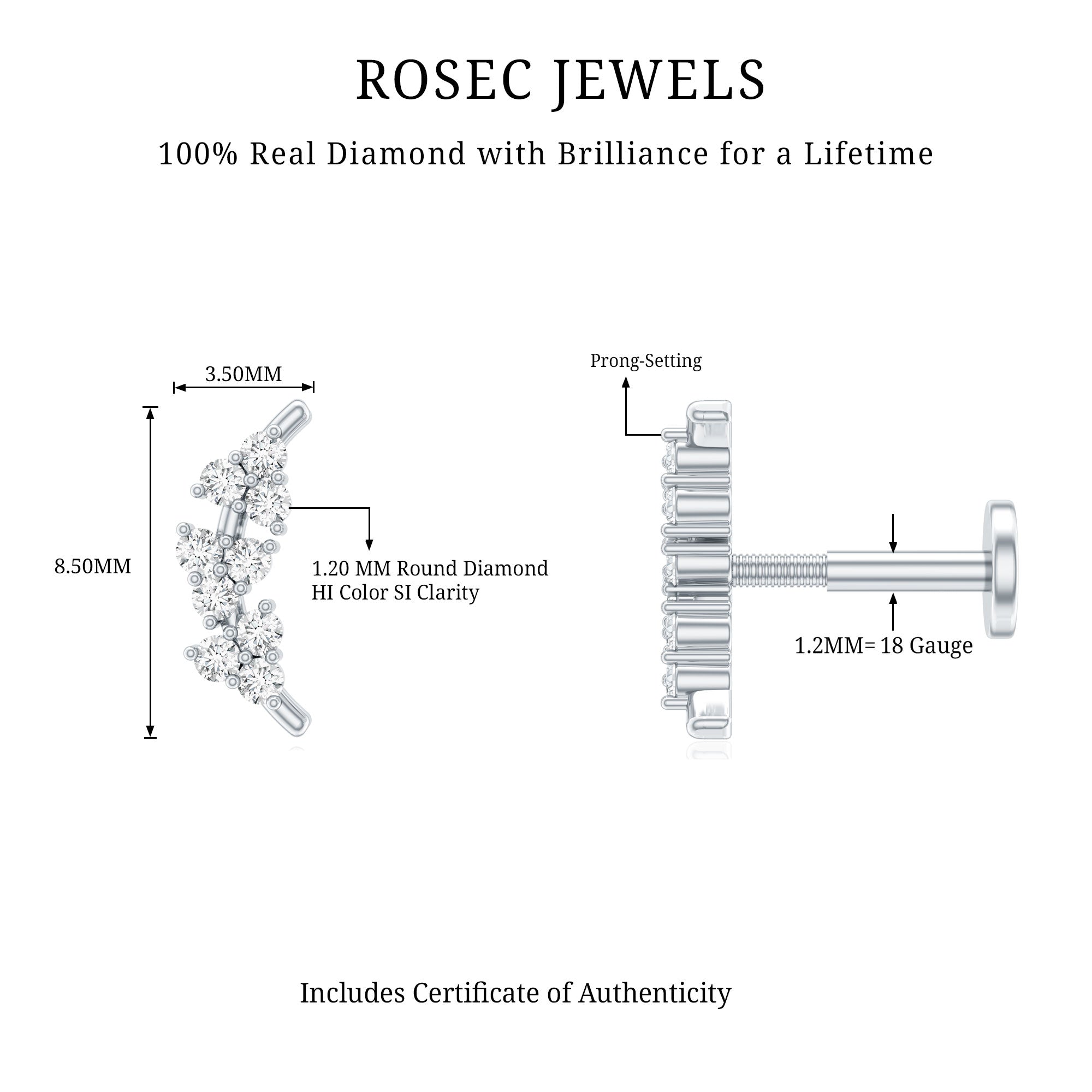 Natural Round Diamond Cluster Curved Helix Earring Natural - ( HI-SI ) - Rosec Jewels