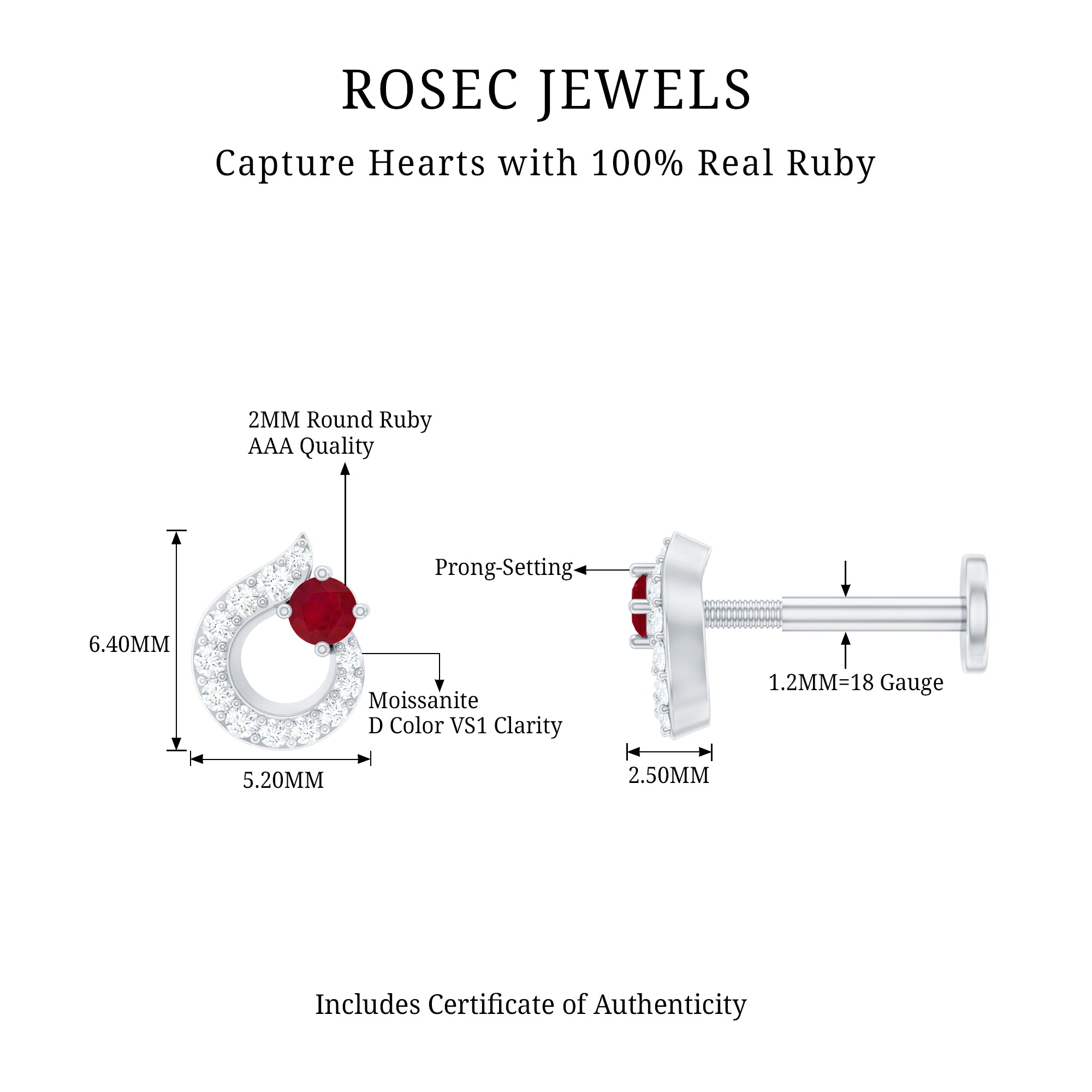 Round Ruby and Diamond Circle Helix Earring AAA - Rosec Jewels