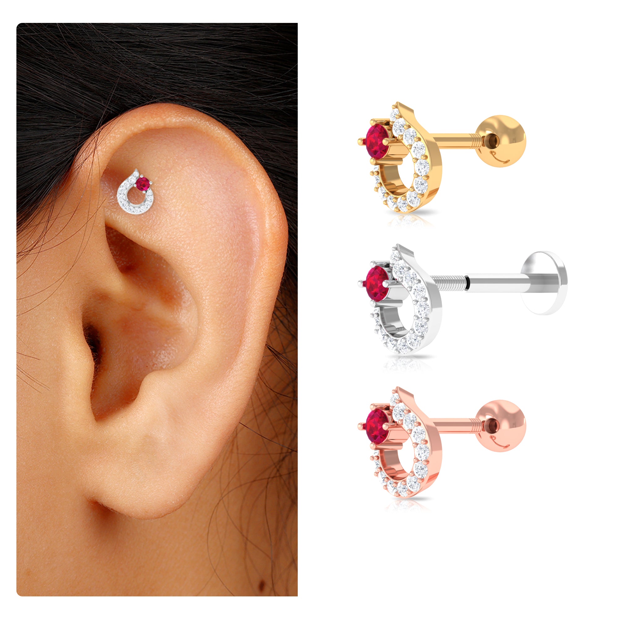 Round Ruby and Diamond Circle Helix Earring AAA - Rosec Jewels