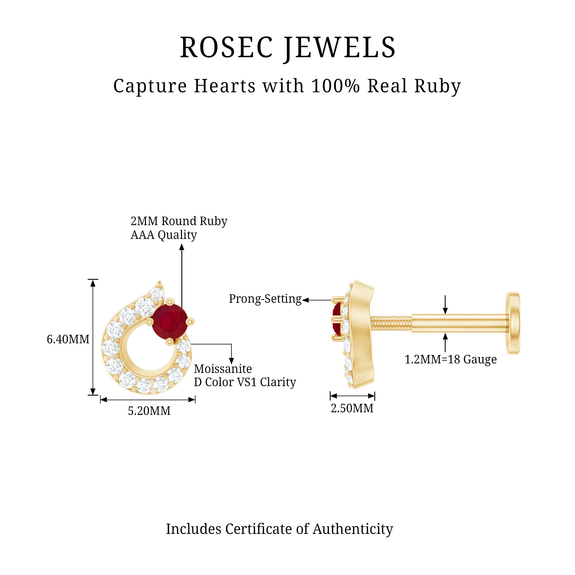 Round Ruby and Diamond Circle Helix Earring AAA - Rosec Jewels