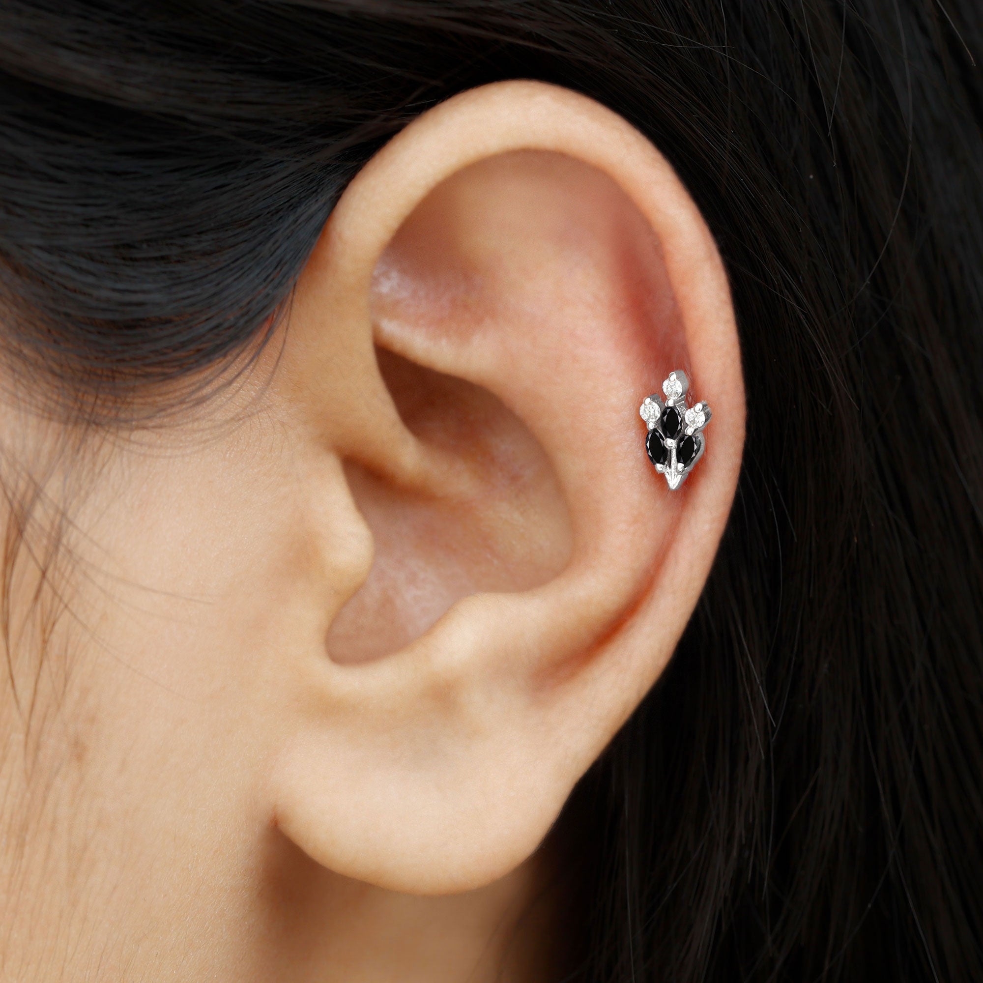 Marquise Black Onyx Leaf Cartilage Earring with Certificate AAA - Rosec Jewels