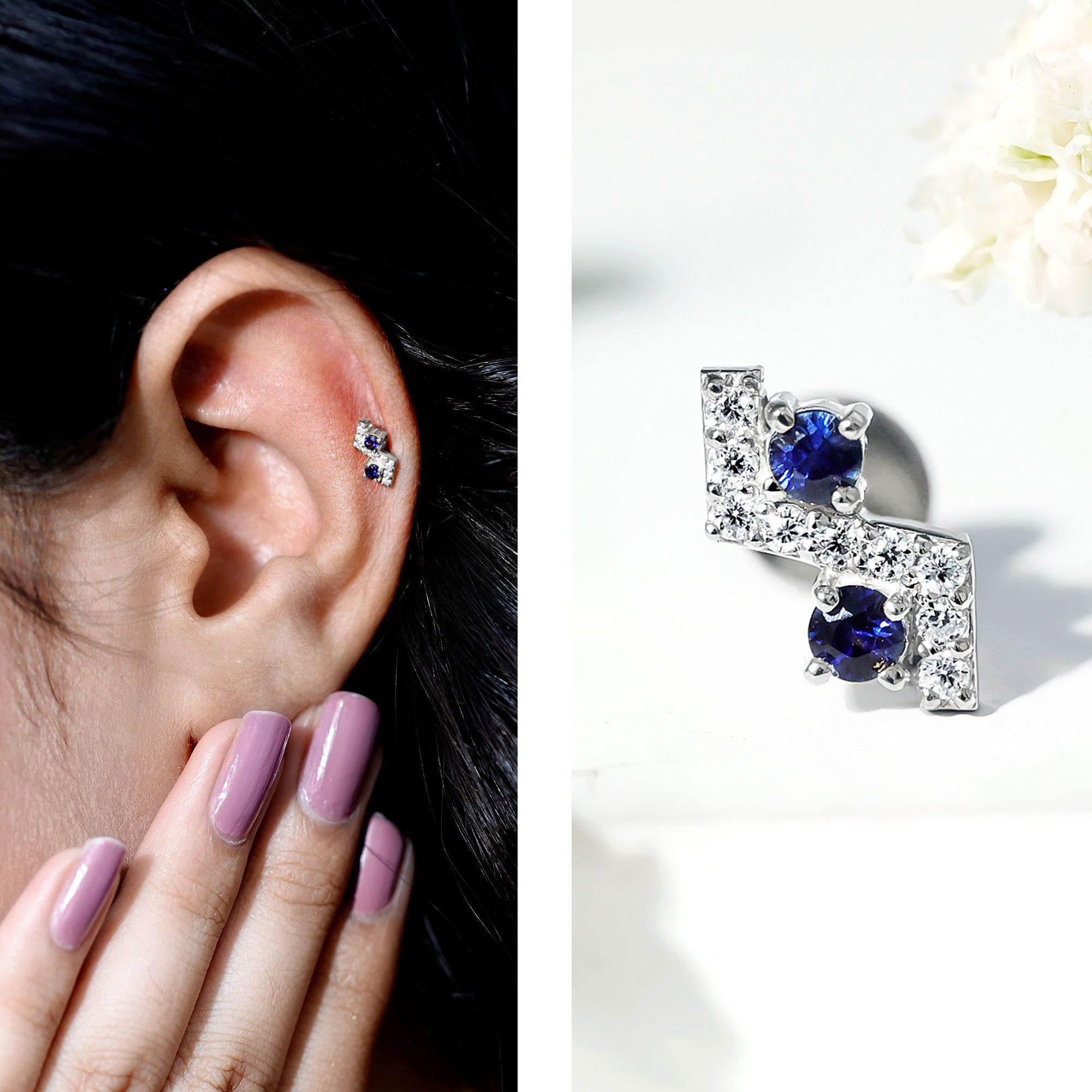 Blue Sapphire and Lab Grown Diamond Zig Zag Helix Earring AAA - Rosec Jewels