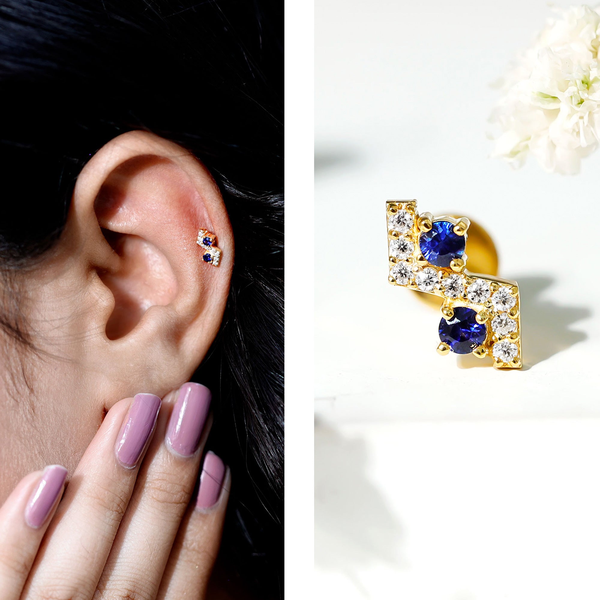 Blue Sapphire and Lab Grown Diamond Zig Zag Helix Earring AAA - Rosec Jewels