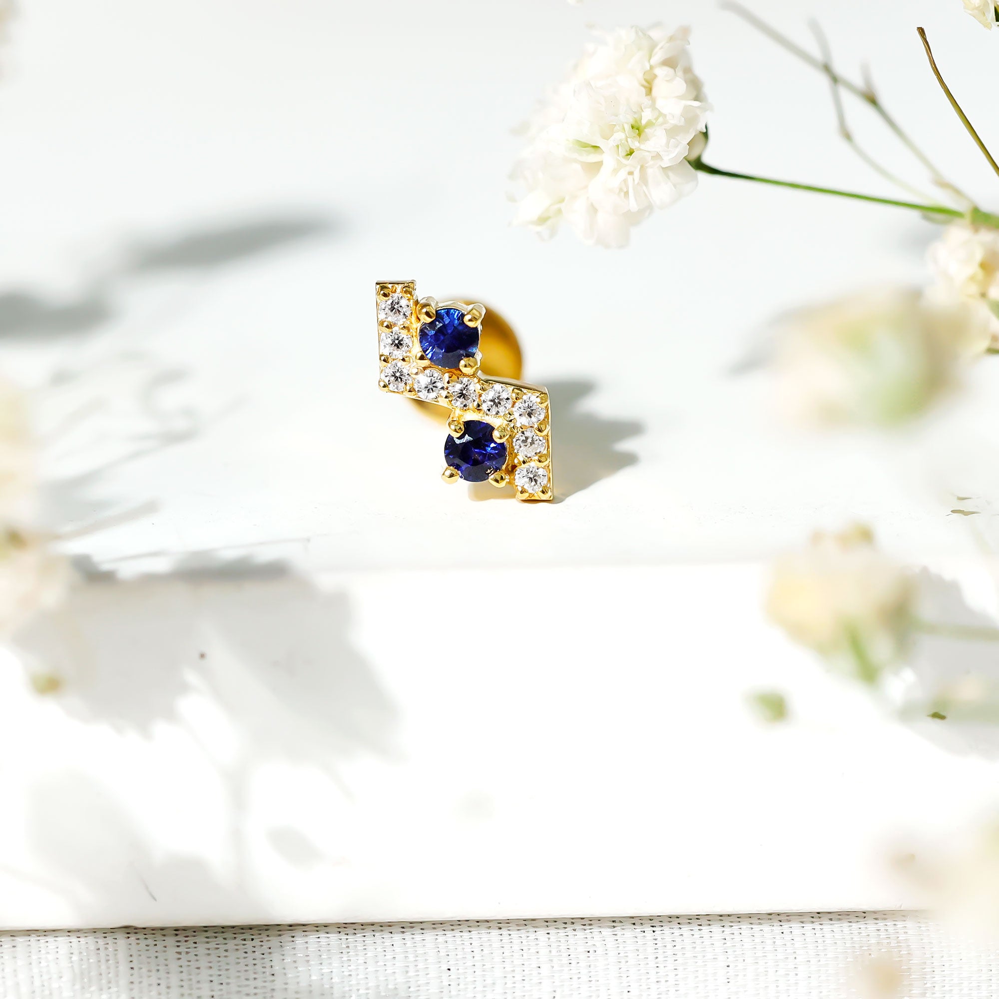 Blue Sapphire and Lab Grown Diamond Zig Zag Helix Earring AAA - Rosec Jewels
