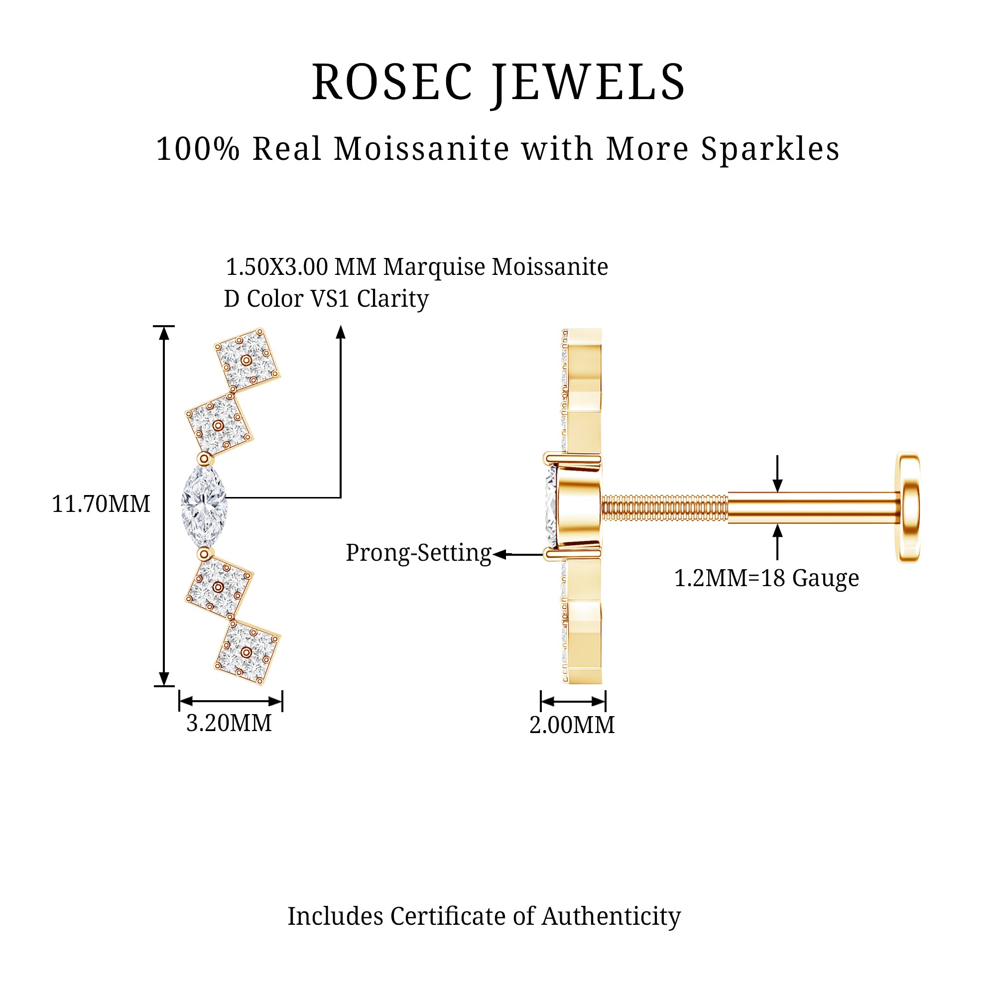 Certified Moissanite Curved Helix Piercing Earring D-VS1 - Rosec Jewels