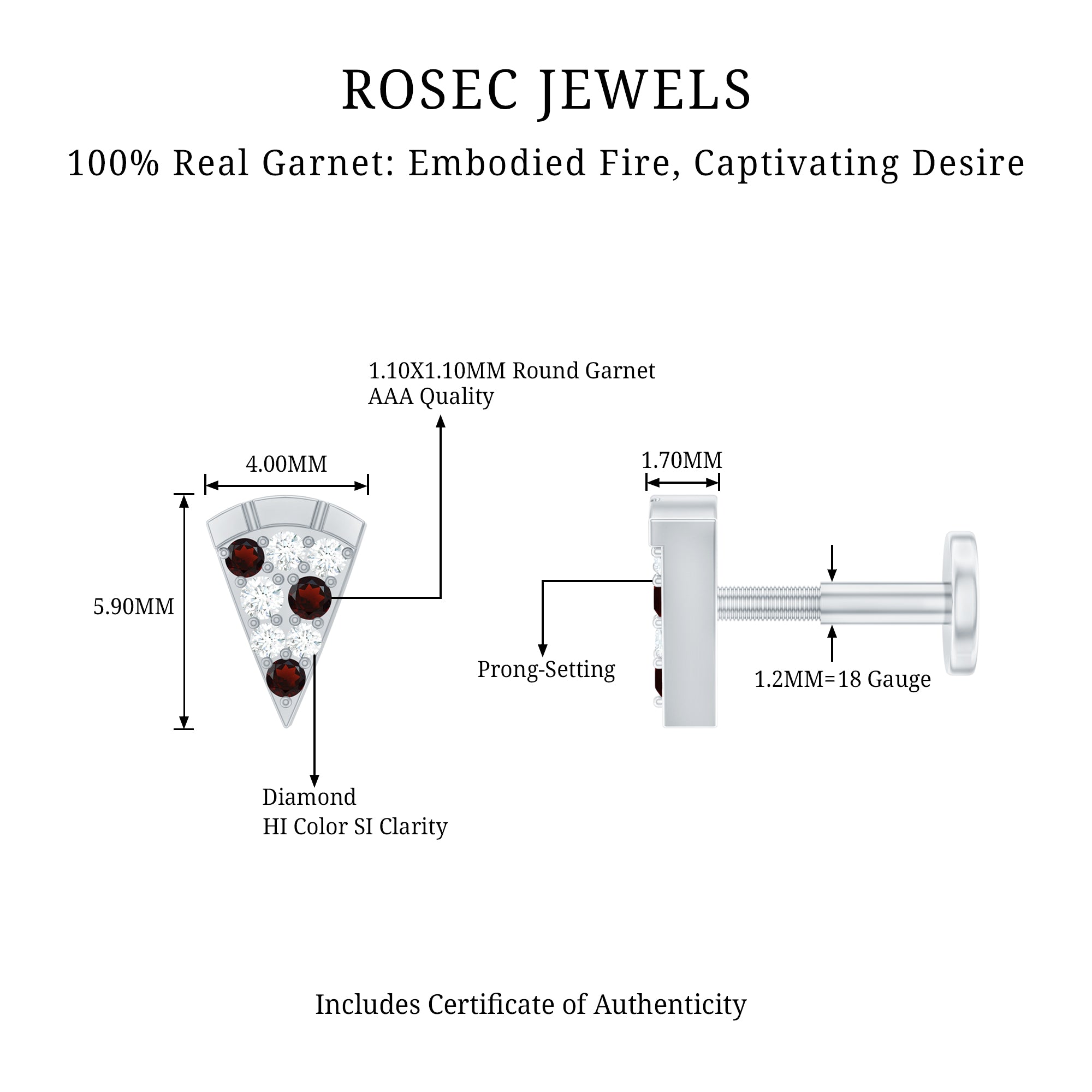 Round Cut Garnet and Diamond Pizza Slice Helix Earring AAA - Rosec Jewels
