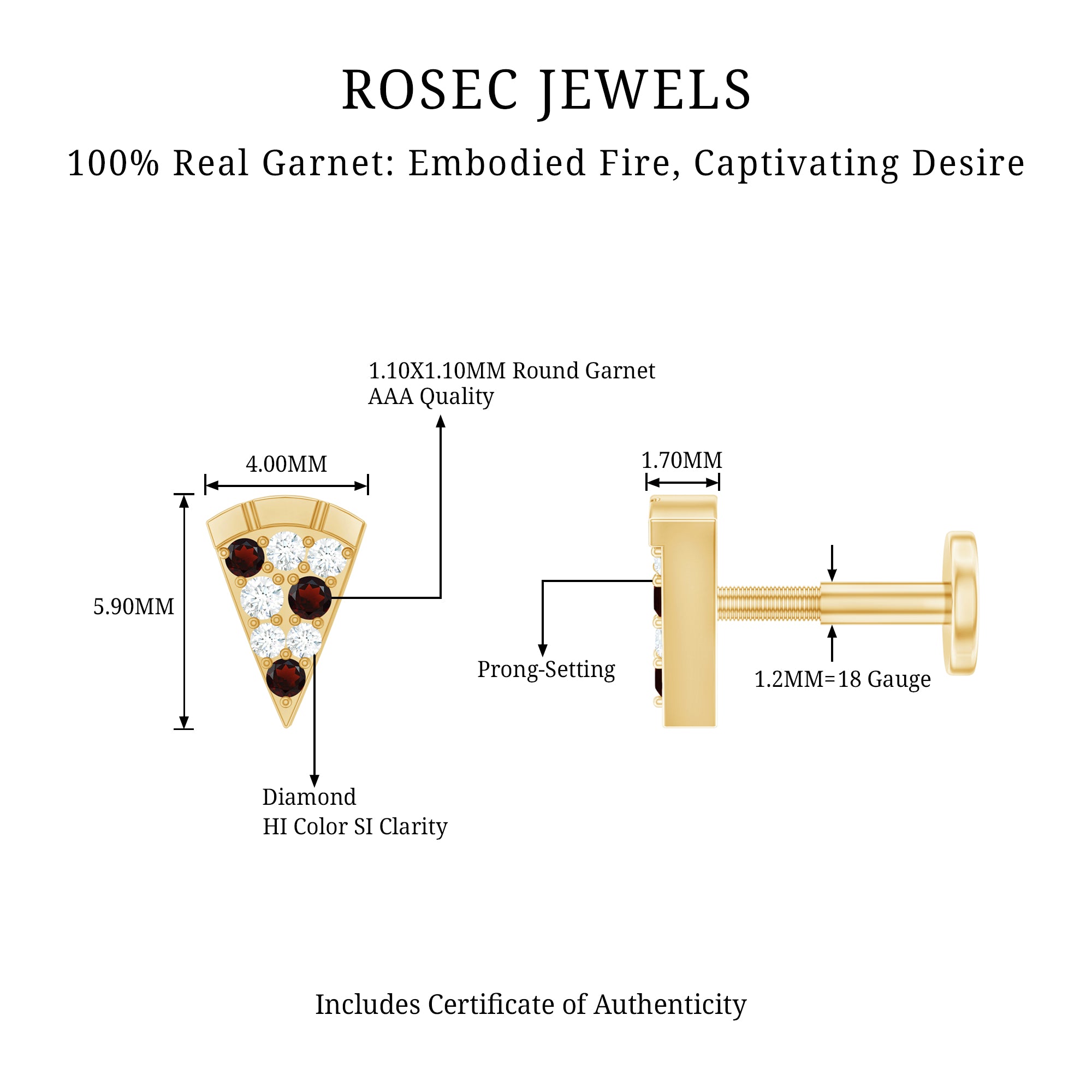 Round Cut Garnet and Diamond Pizza Slice Helix Earring AAA - Rosec Jewels