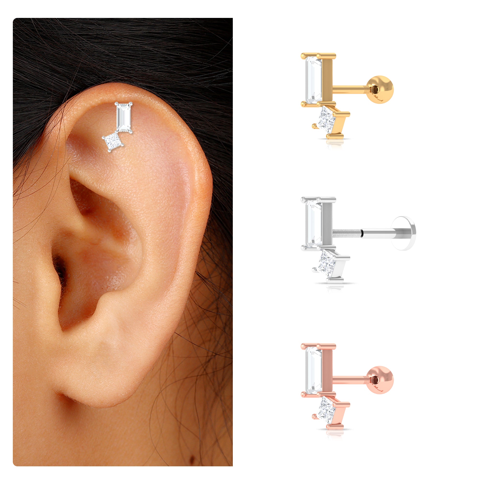 Baguette and Princess Cut Moissanite 2 Stone Helix Earring D-VS1 - Rosec Jewels