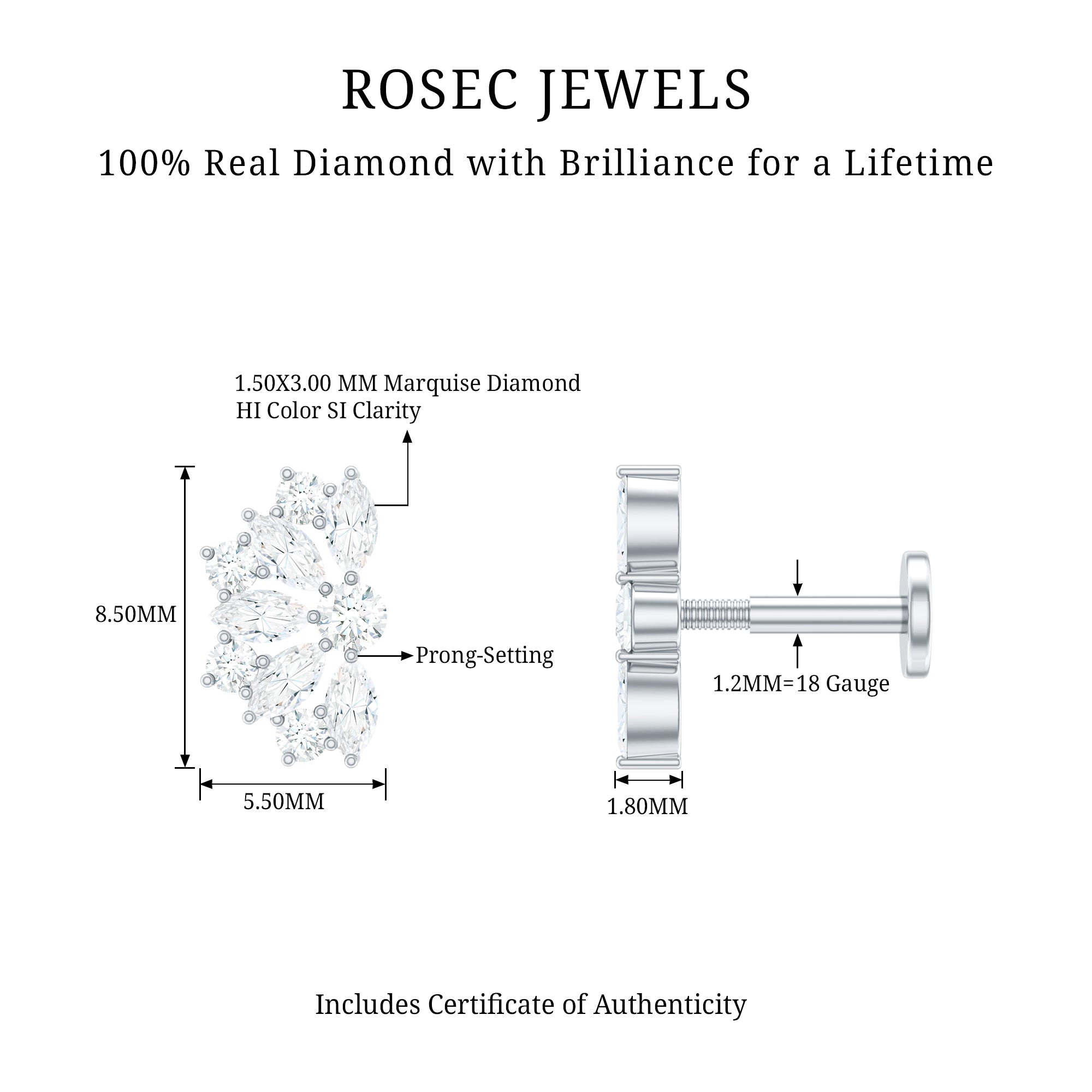 Natural Marquise and Round Diamond Floral Cartilage Earring Natural - ( HI-SI ) - Rosec Jewels