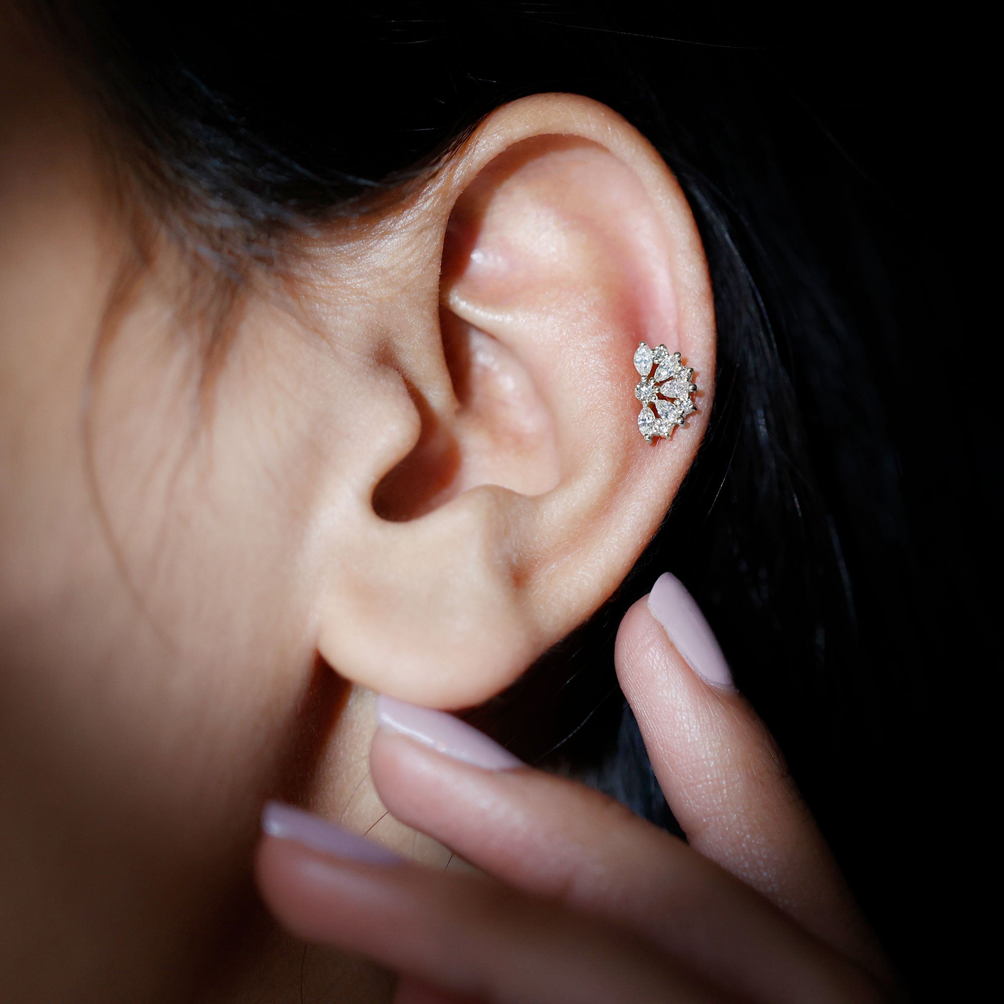 Natural Marquise and Round Diamond Floral Cartilage Earring Natural - ( HI-SI ) - Rosec Jewels