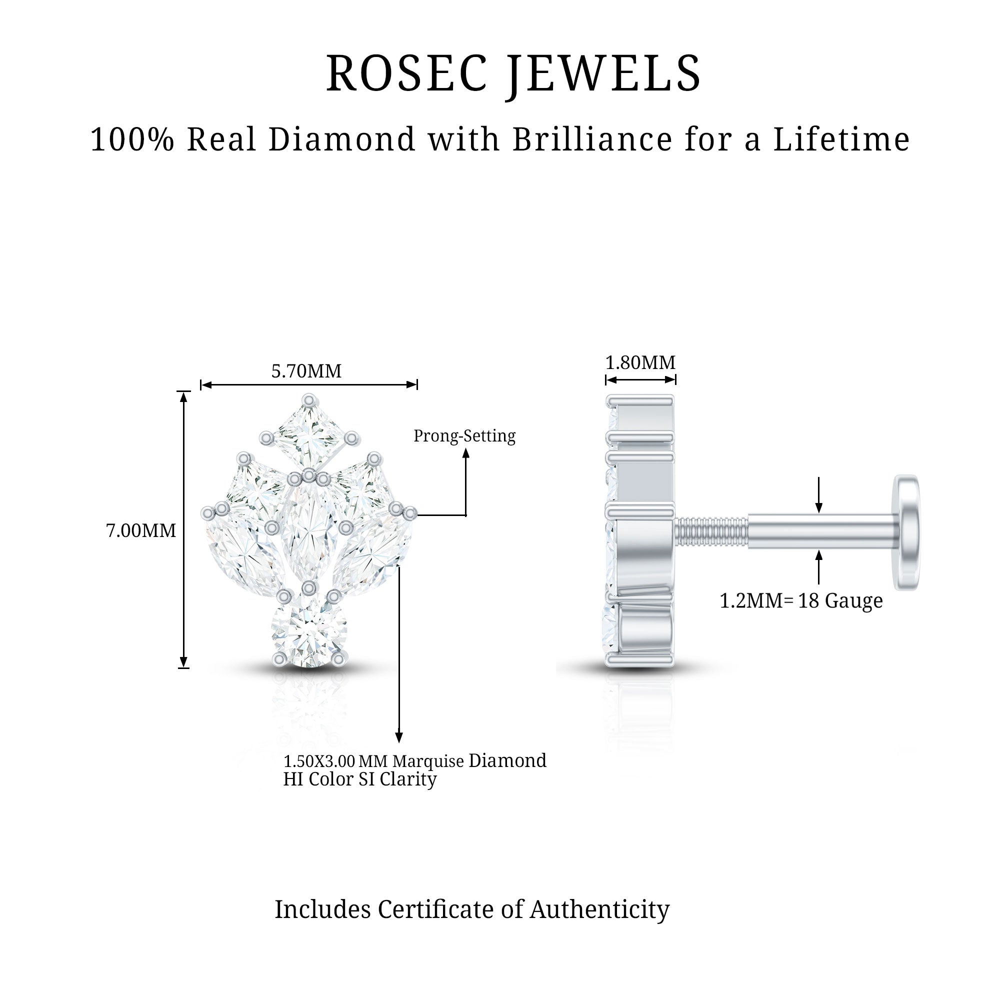 Real Diamond Designer Earring for Cartilage Piercing Natural - ( HI-SI ) - Rosec Jewels