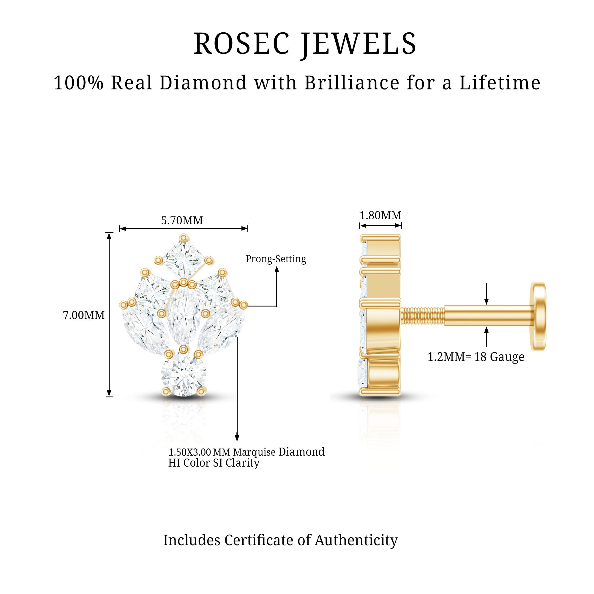 Real Diamond Designer Earring for Cartilage Piercing Natural - ( HI-SI ) - Rosec Jewels