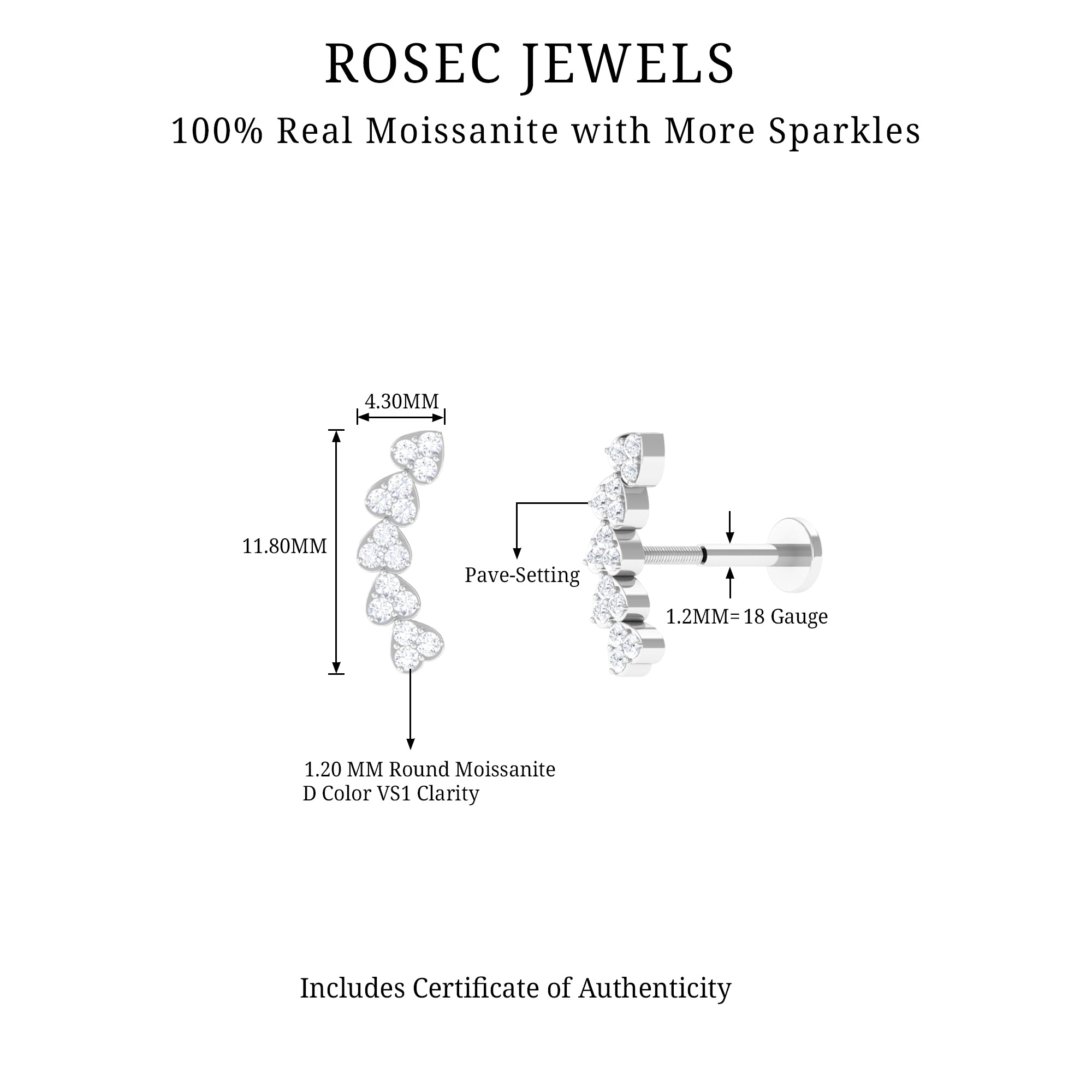 Certified Moissanite Heart Curved Crawler Earring D-VS1 - Rosec Jewels
