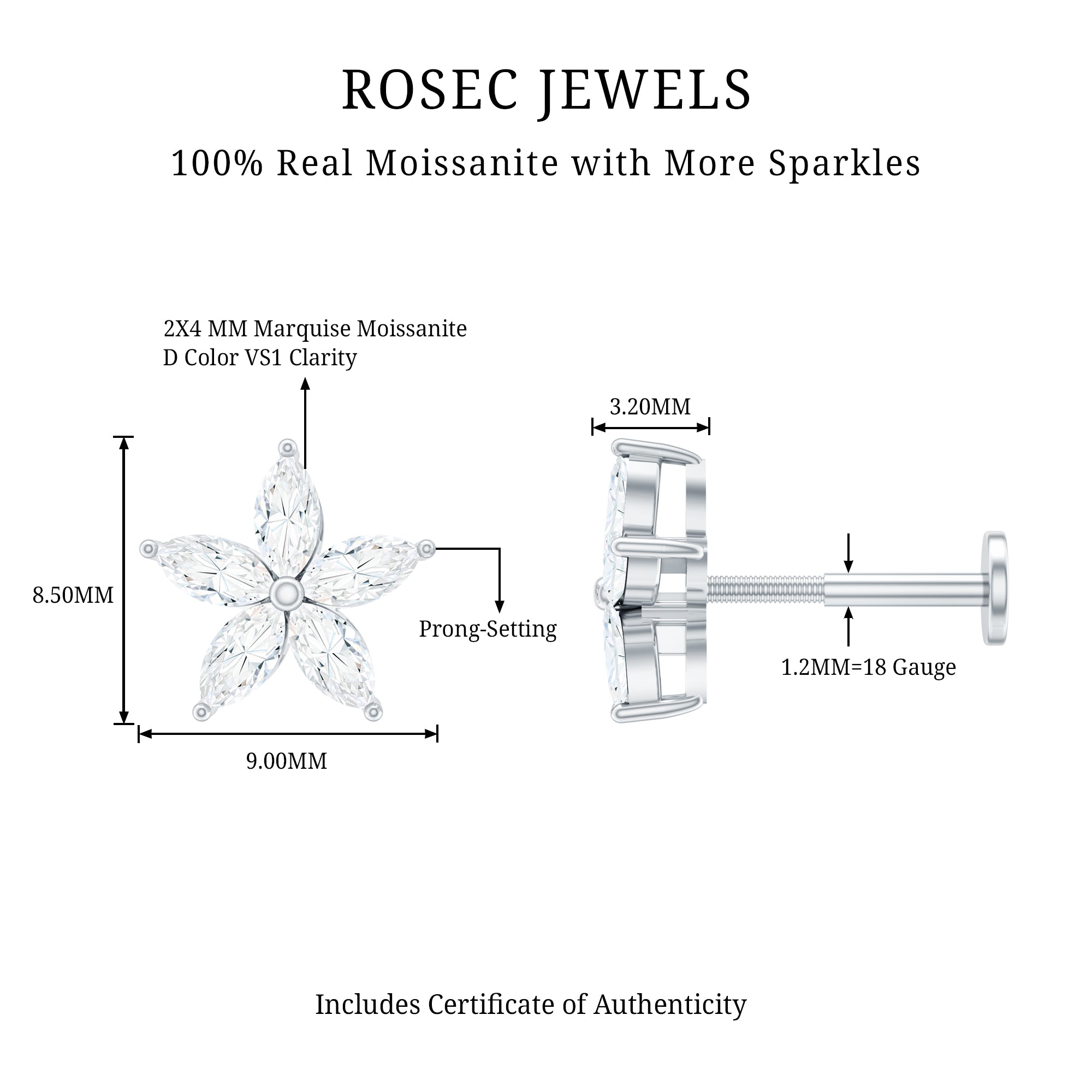 Marquise Cut Moissanite Floral Earring for Cartilage Piercing D-VS1 - Rosec Jewels