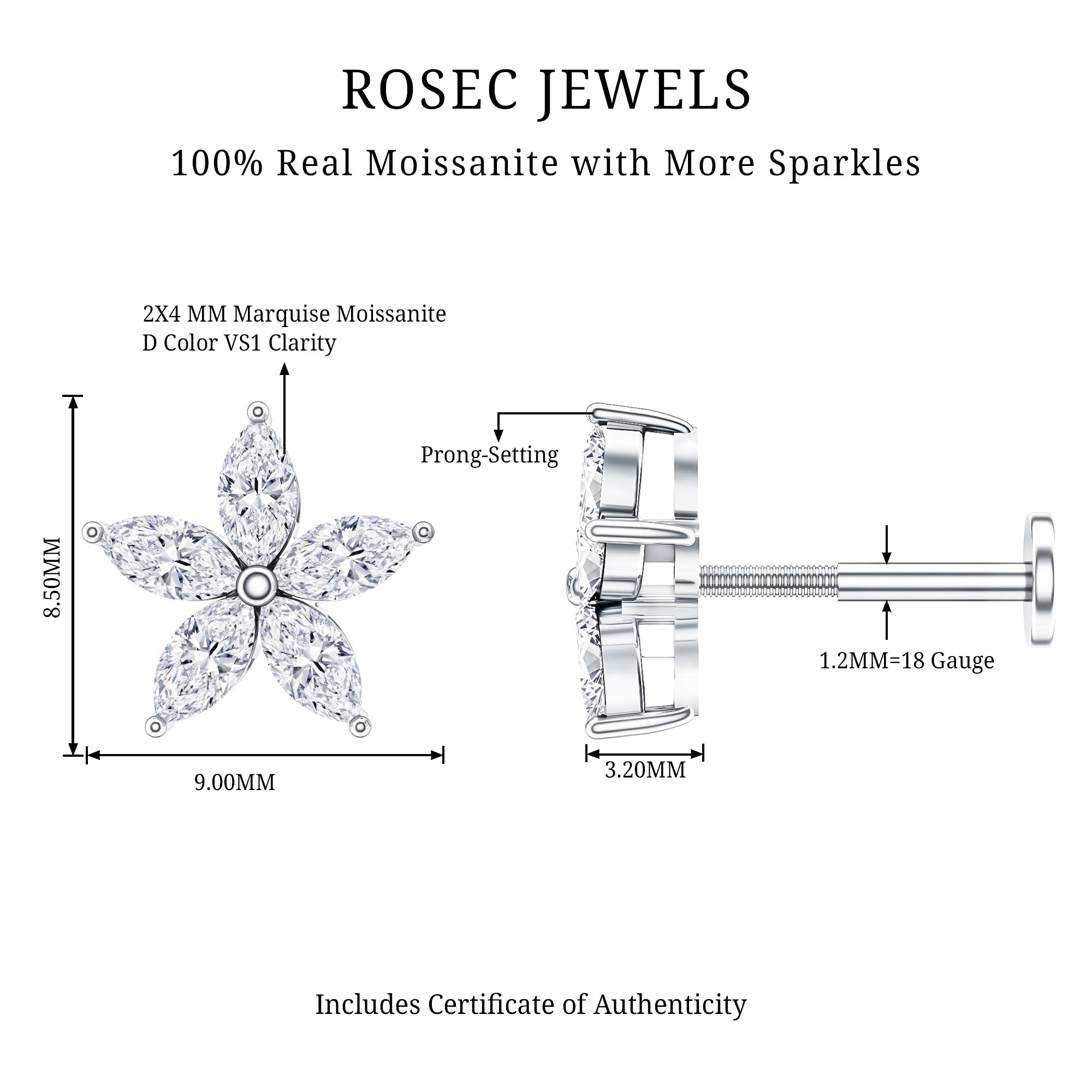 Marquise Cut Moissanite Floral Earring for Cartilage Piercing D-VS1 - Rosec Jewels