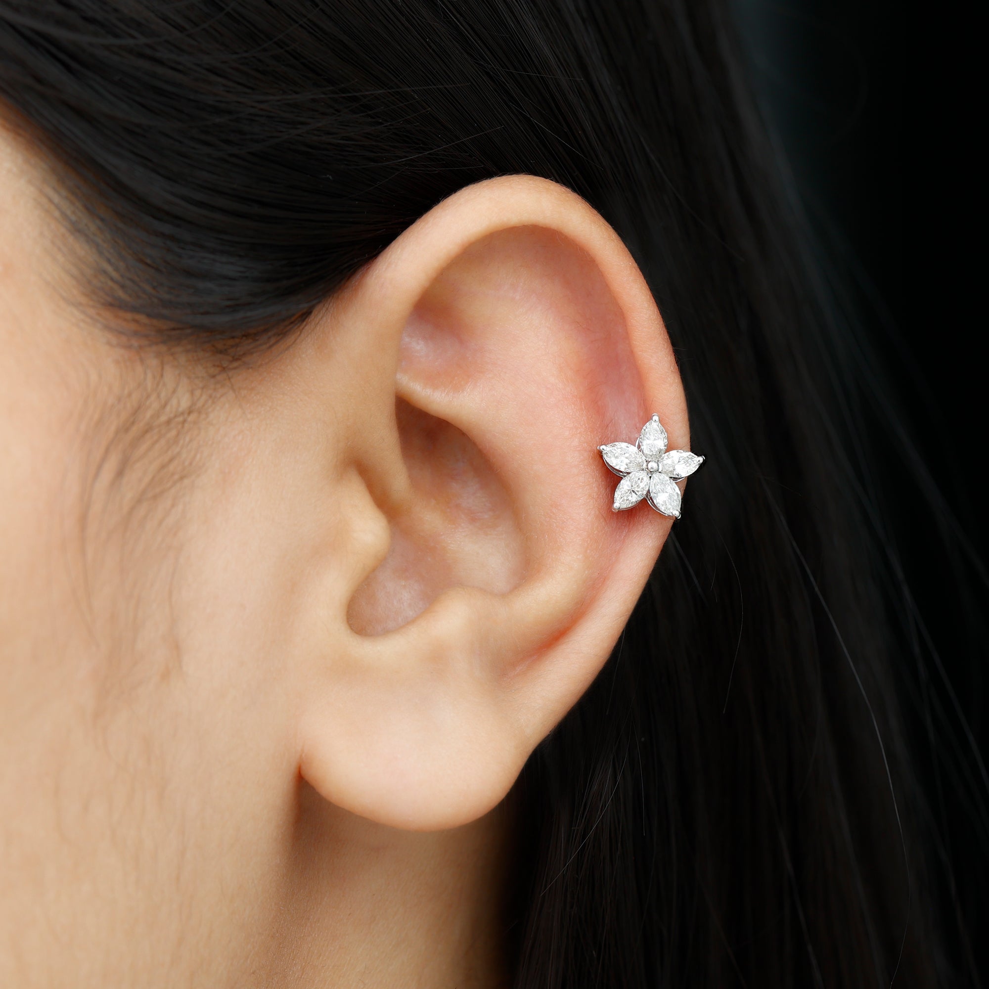 Marquise Cut Moissanite Floral Earring for Cartilage Piercing D-VS1 - Rosec Jewels