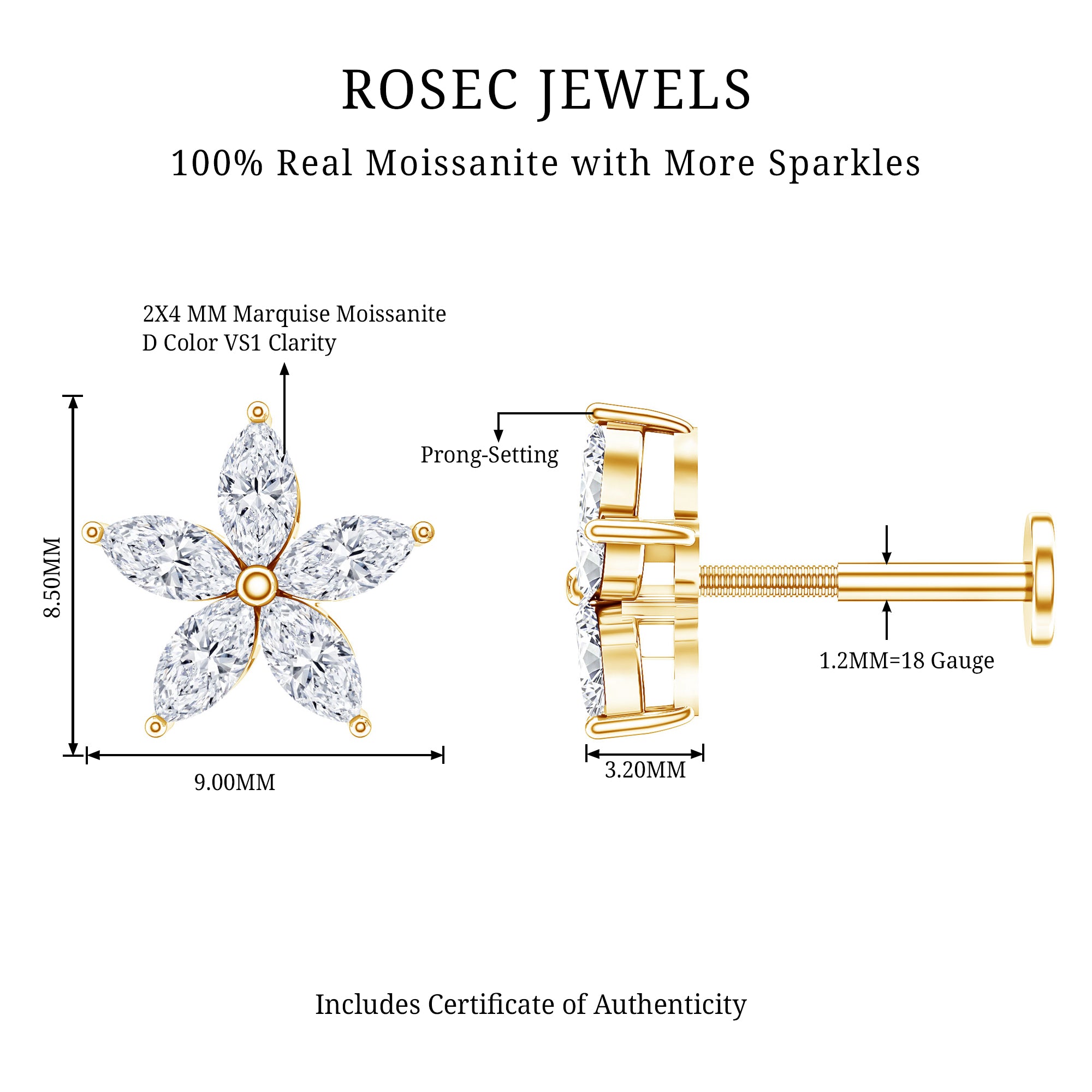 Marquise Cut Moissanite Floral Earring for Cartilage Piercing D-VS1 - Rosec Jewels