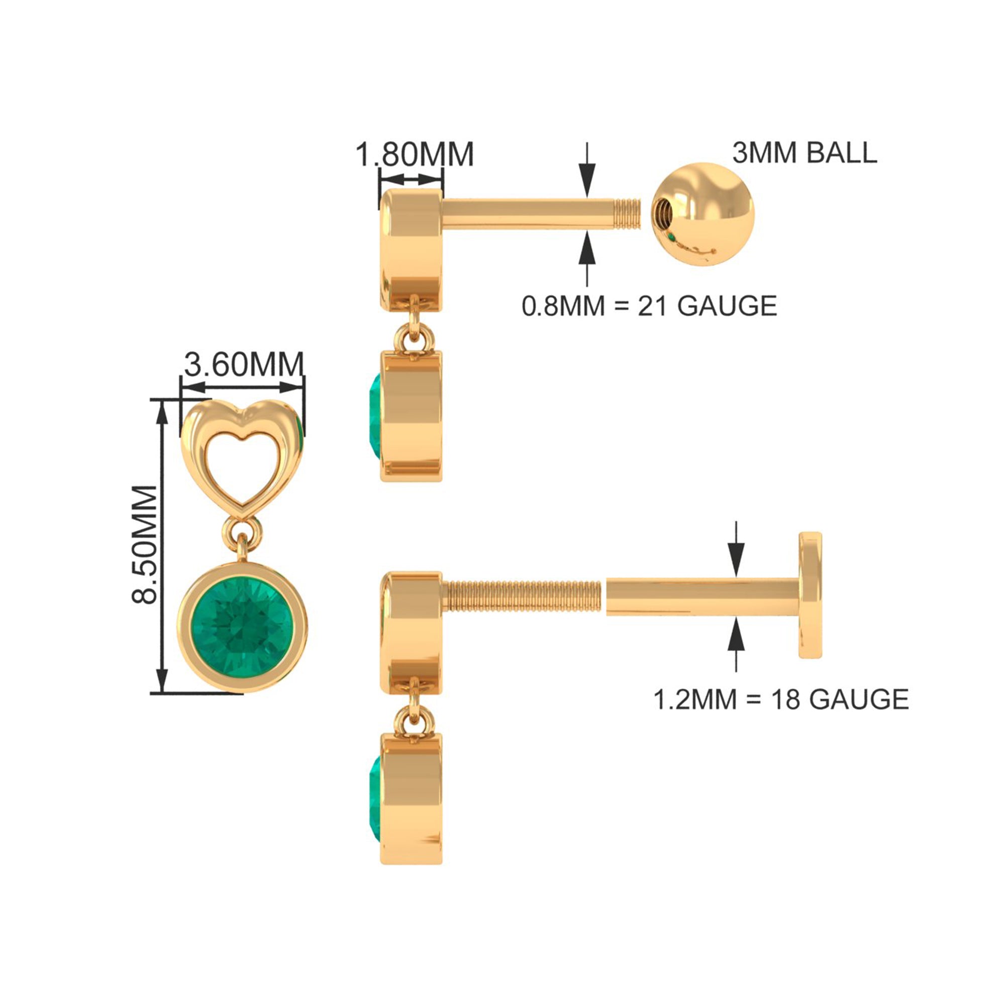 Rosec Jewels-Emerald Heart Drop Earring for Tragus Piercing