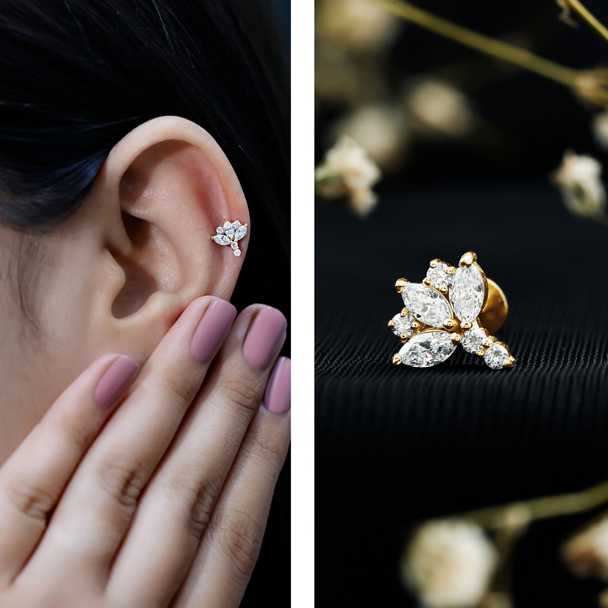 Diamond Lotus Cartilage Earring Natural - ( HI-SI ) - Rosec Jewels