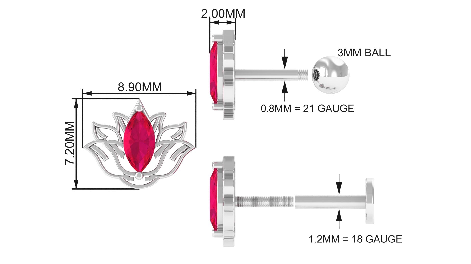 Rosec Jewels-Marquise Ruby Lotus Earring for Helix Piercing