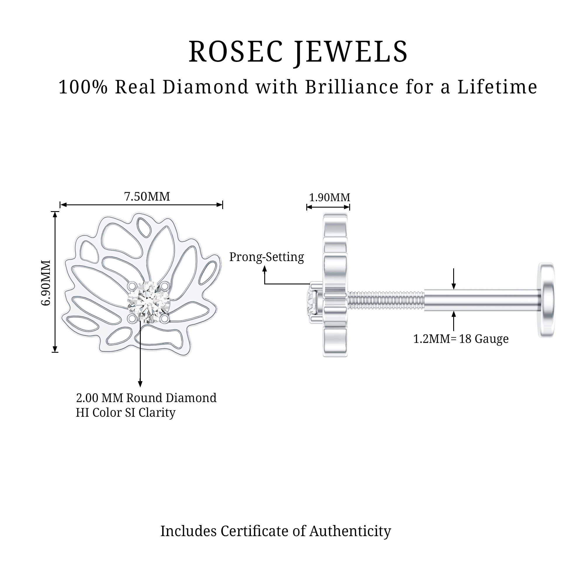 Diamond Lotus Flower Earring for Conch Piercing Natural - ( HI-SI ) - Rosec Jewels