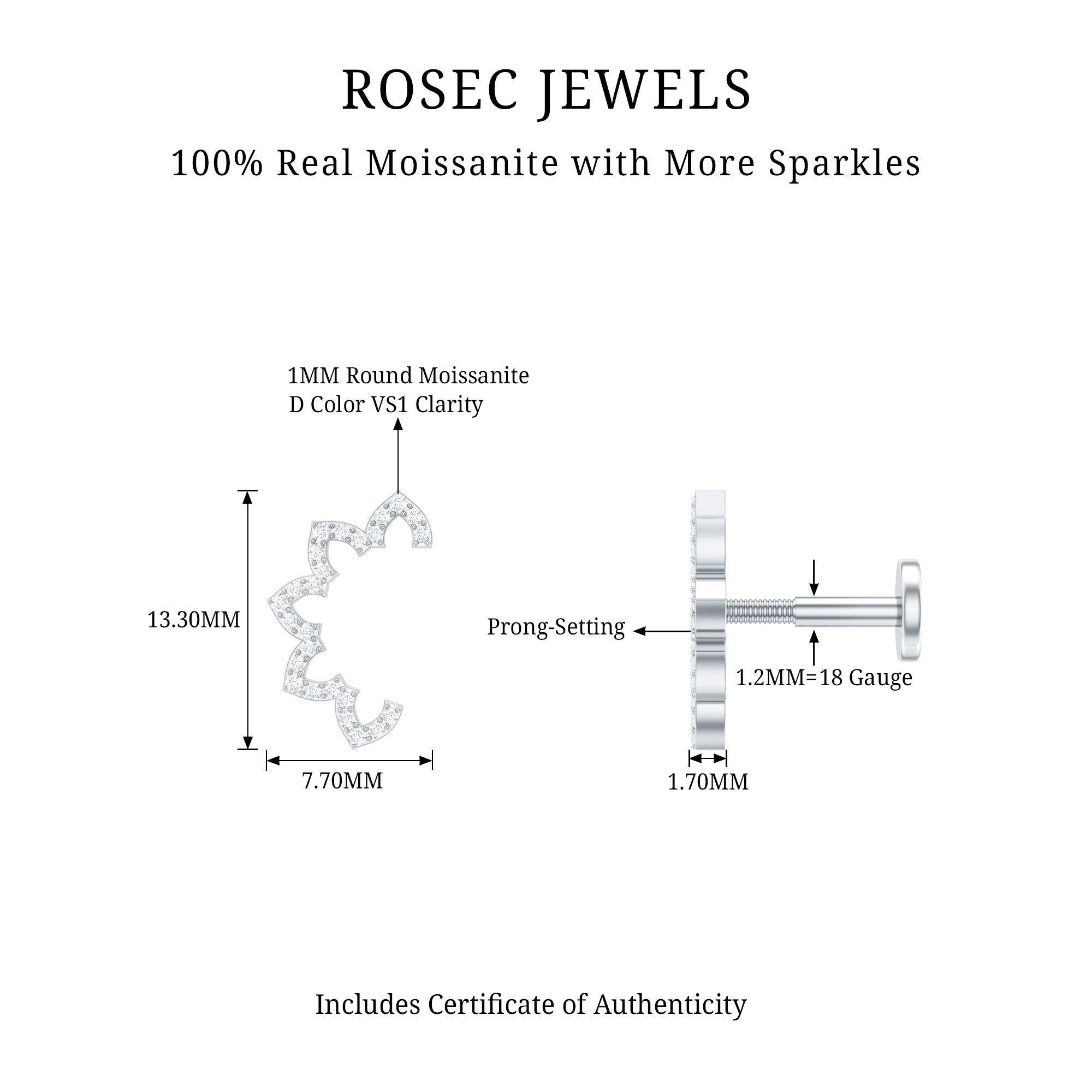 Certified Moissanite Designer Earring for Cartilage Piercing D-VS1 - Rosec Jewels