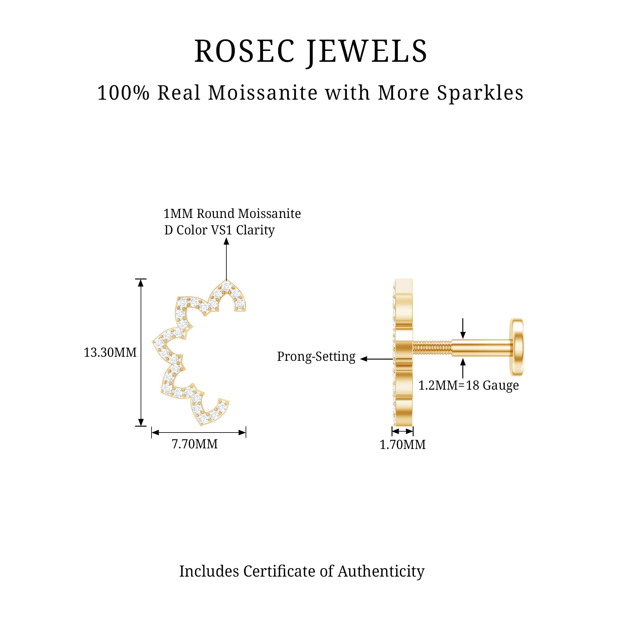 Certified Moissanite Designer Earring for Cartilage Piercing D-VS1 - Rosec Jewels