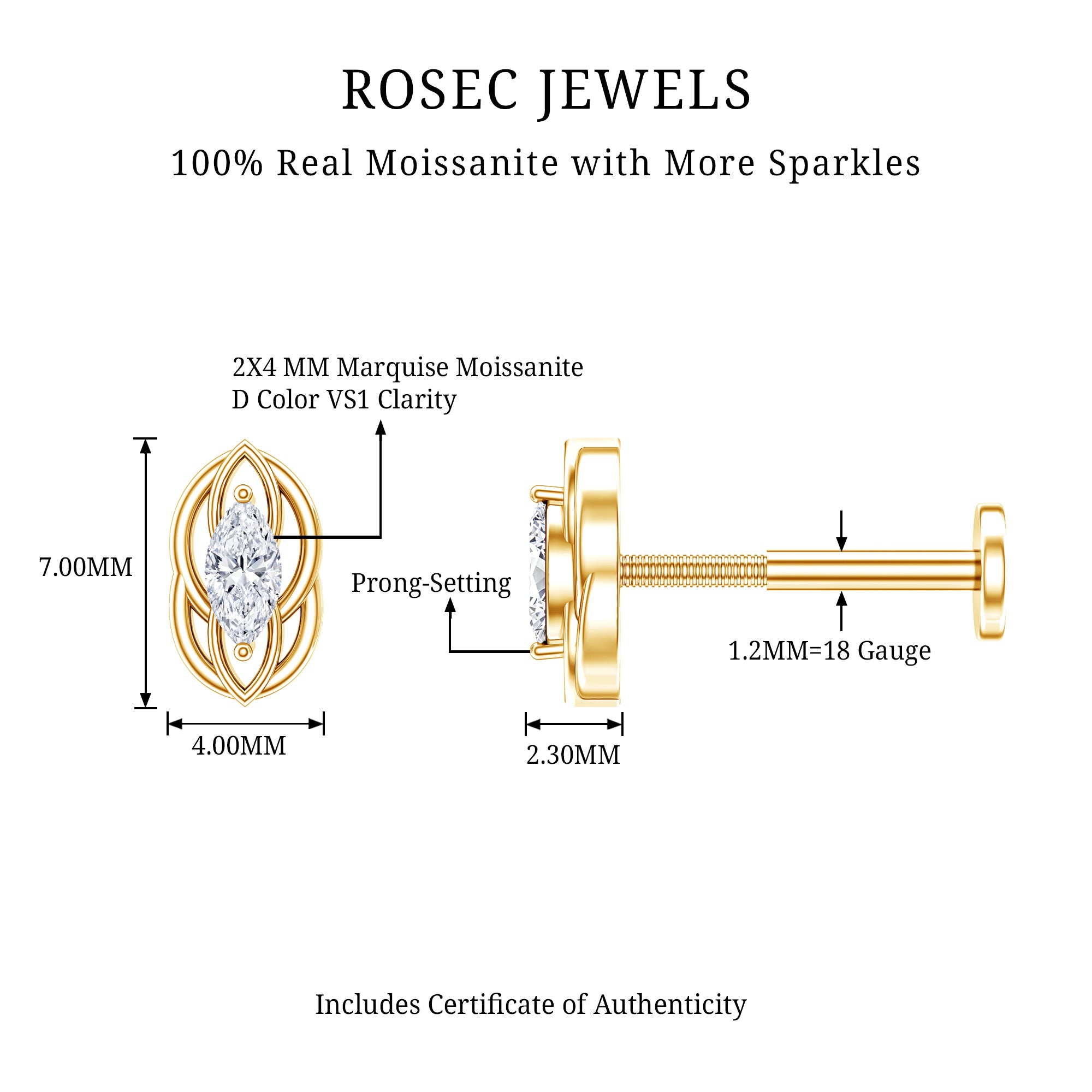 Minimal Marquise Cut Moissanite Cartilage Earring D-VS1 - Rosec Jewels