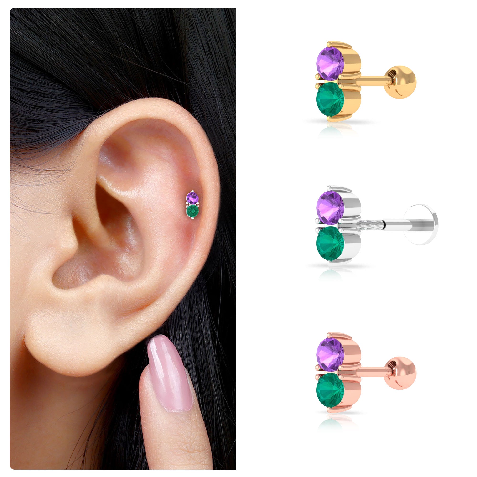 Real Amethyst and Emerald Earring for Helix Piercing AAA - Rosec Jewels