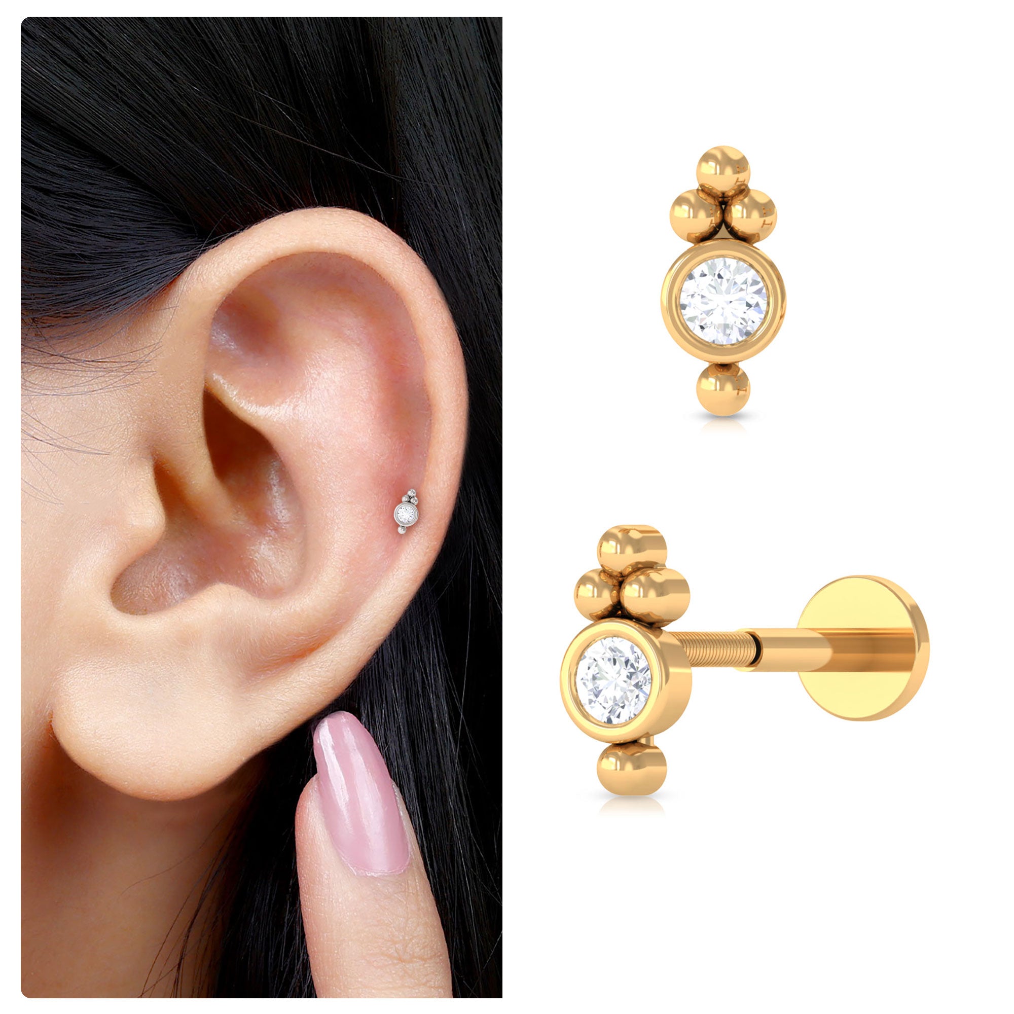 Dainty Diamond Beaded Conch Earring Natural - ( HI-SI ) - Rosec Jewels