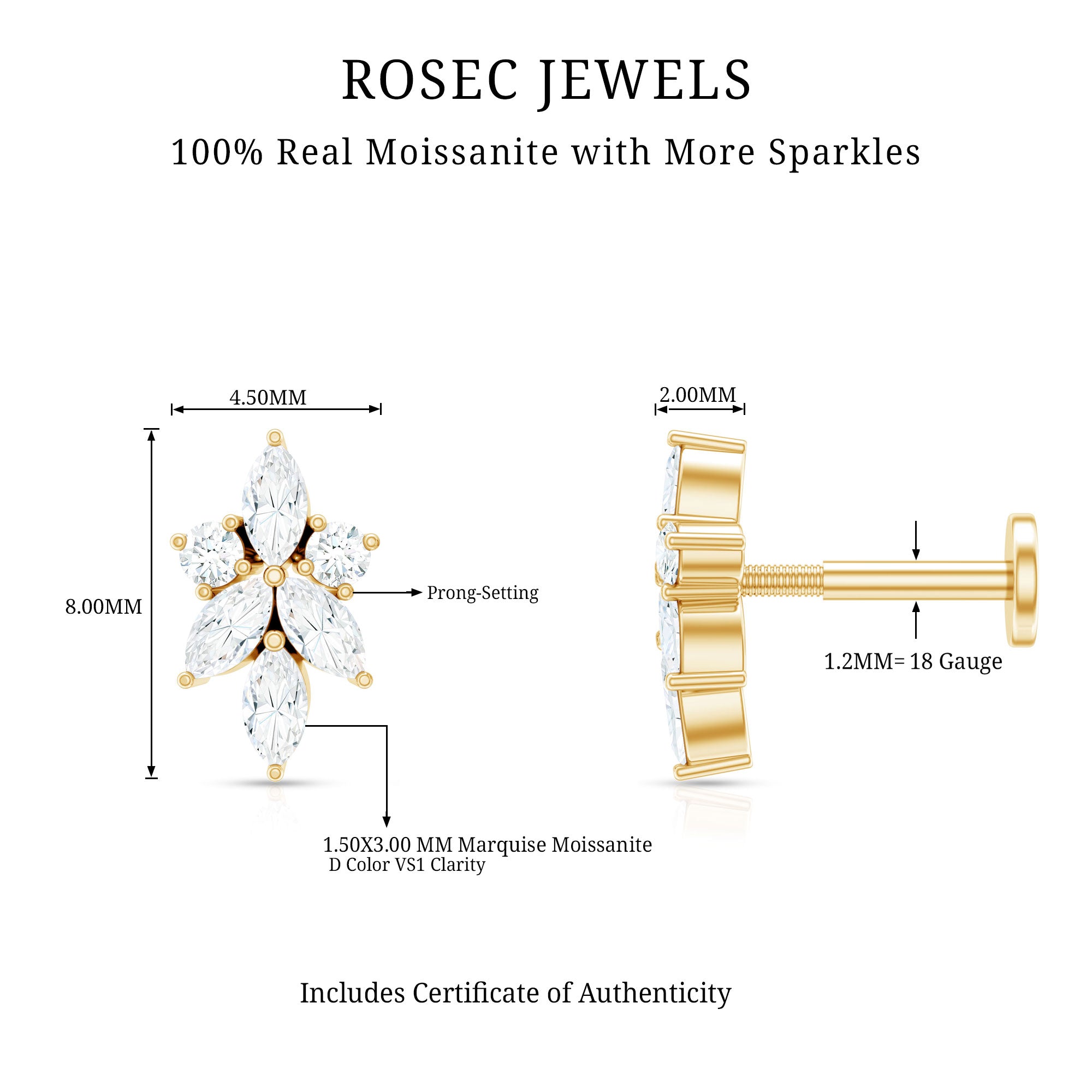 Marquise and Round Moissanite Cluster Floral Earring D-VS1 - Rosec Jewels