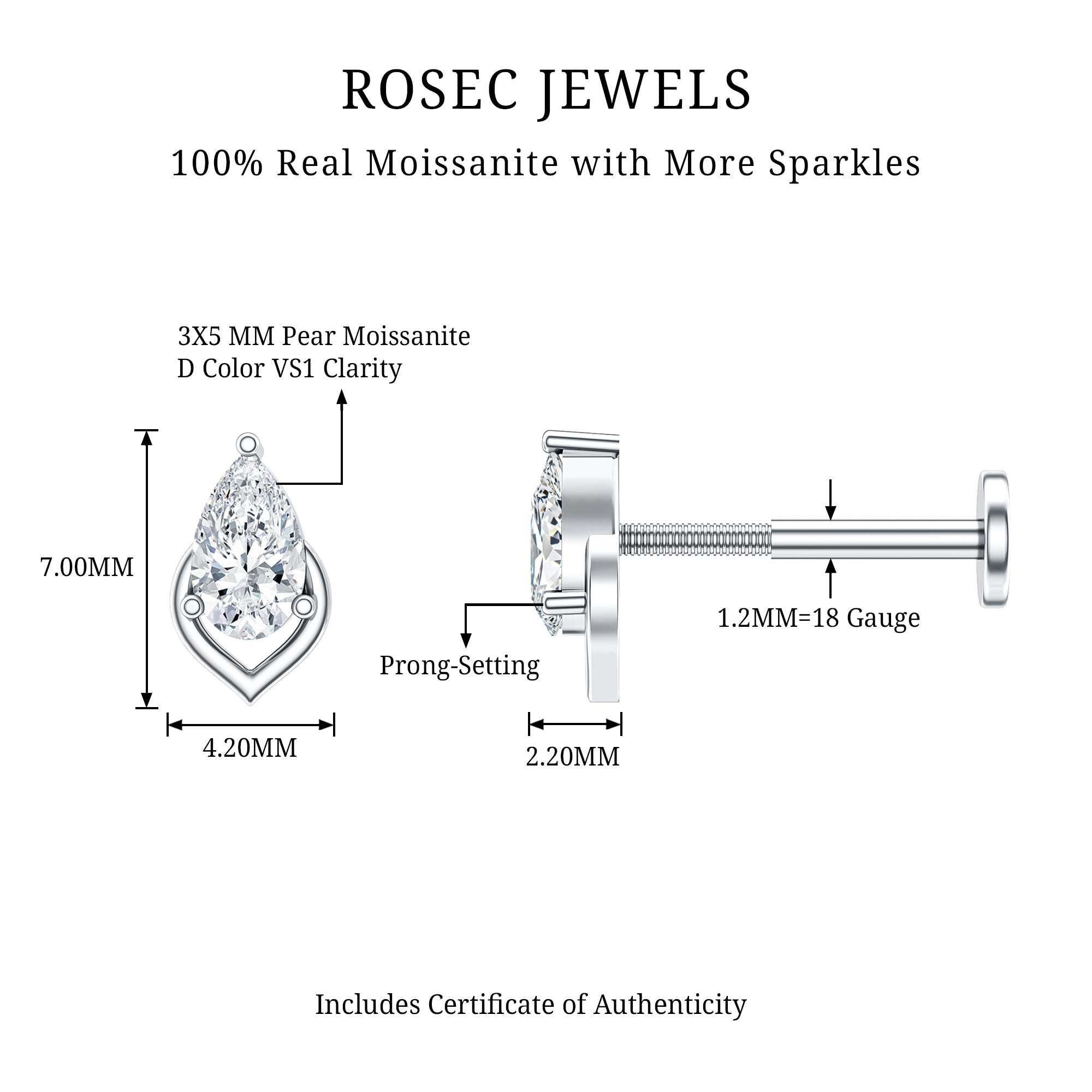 3X5MM Pear Shape Moissanite Solitaire Cartilage Earring D-VS1 - Rosec Jewels