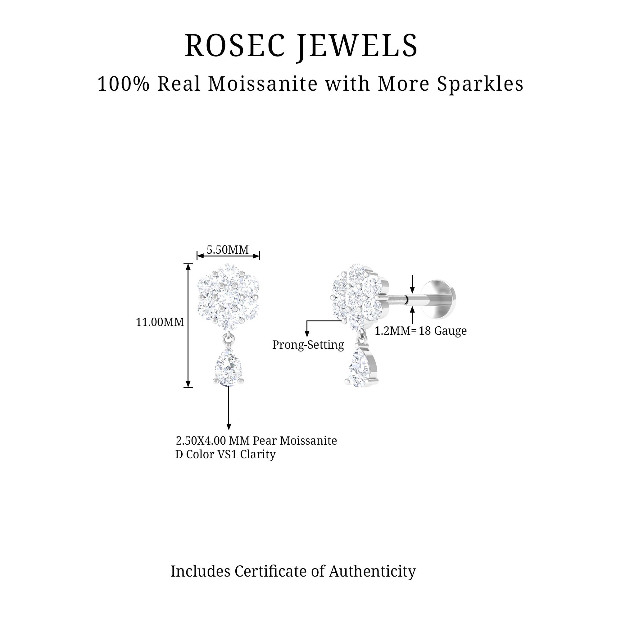 Moissanite Floral Drop Earring for Helix Piercing D-VS1 - Rosec Jewels