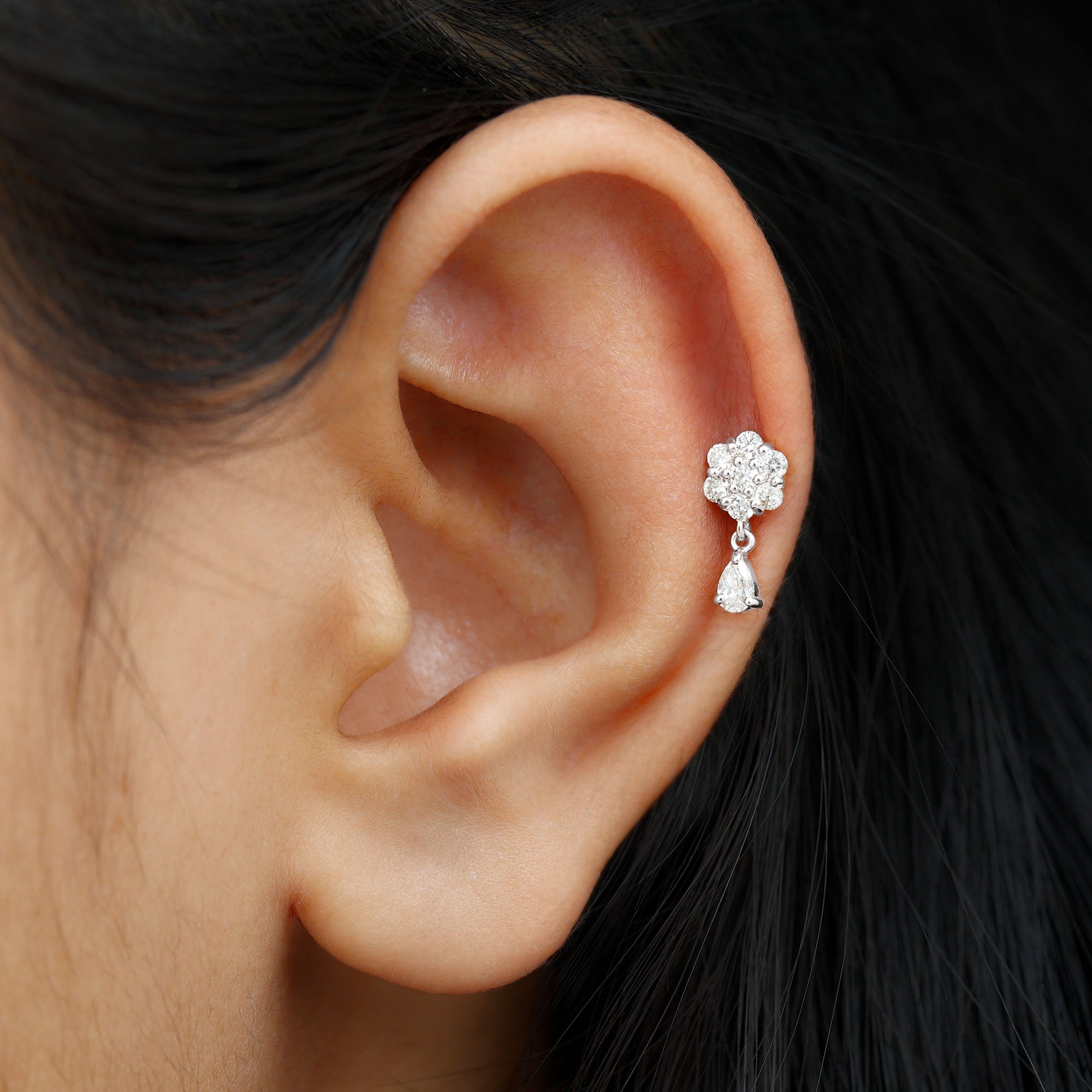 Moissanite Floral Drop Earring for Helix Piercing D-VS1 - Rosec Jewels