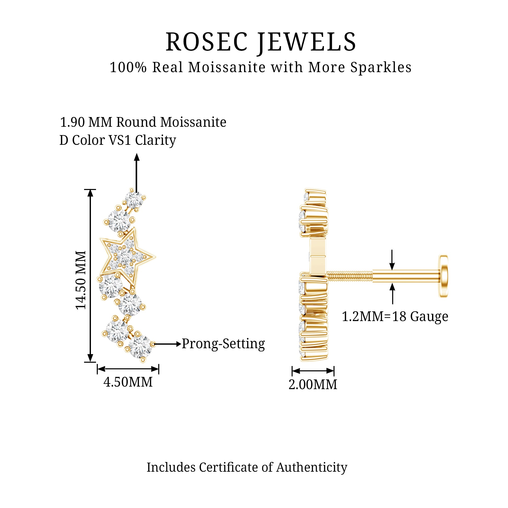Moissanite Star Crawler Earring for Helix Piercing D-VS1 - Rosec Jewels