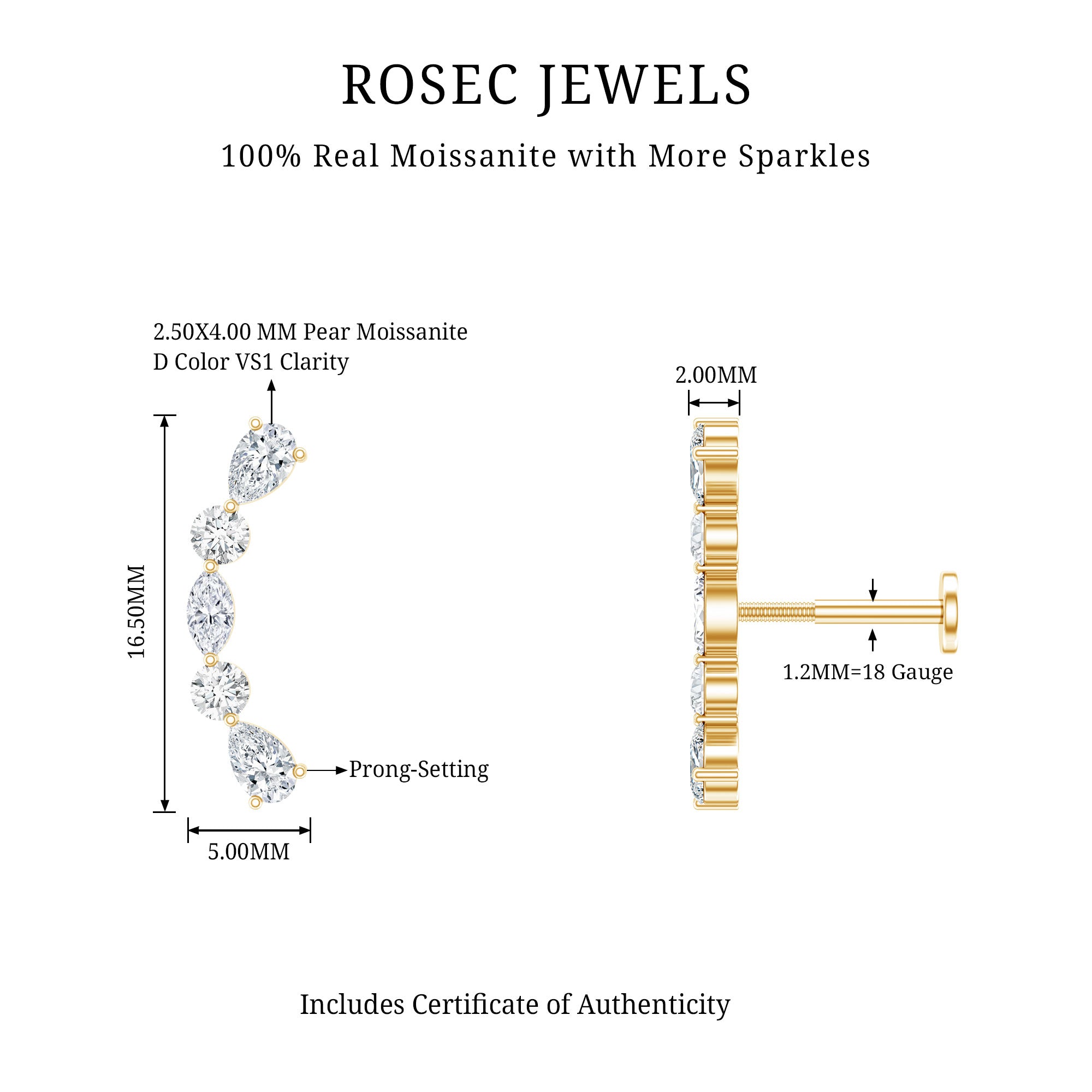 Certified Moissanite Curved Crawler Earring for Helix Piercing D-VS1 - Rosec Jewels