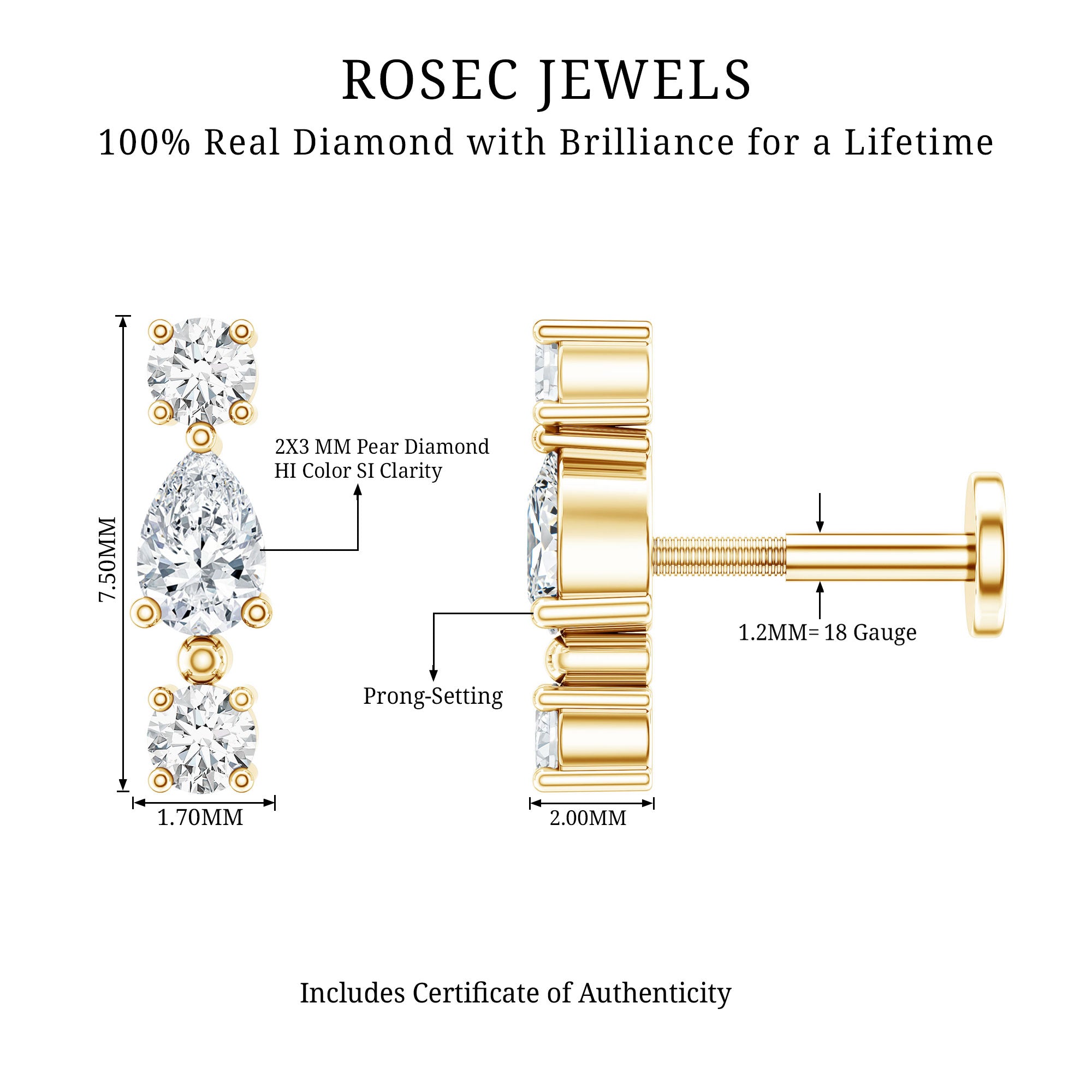 Natural Three Diamond Cartilage Earring with Flat Back Natural - ( HI-SI ) - Rosec Jewels