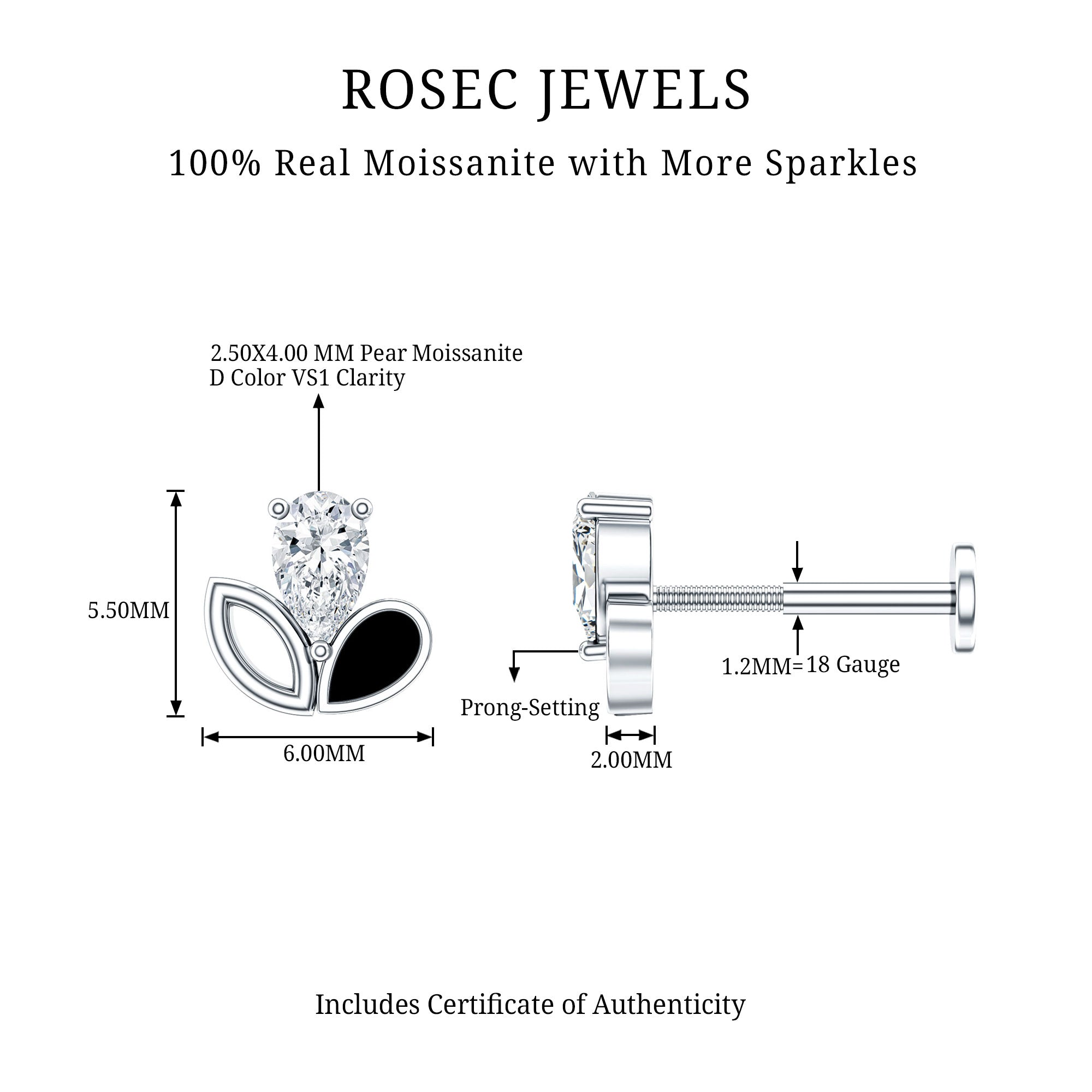 Pear Cut Moissanite Cartilage Earring with Black Enamel D-VS1 - Rosec Jewels