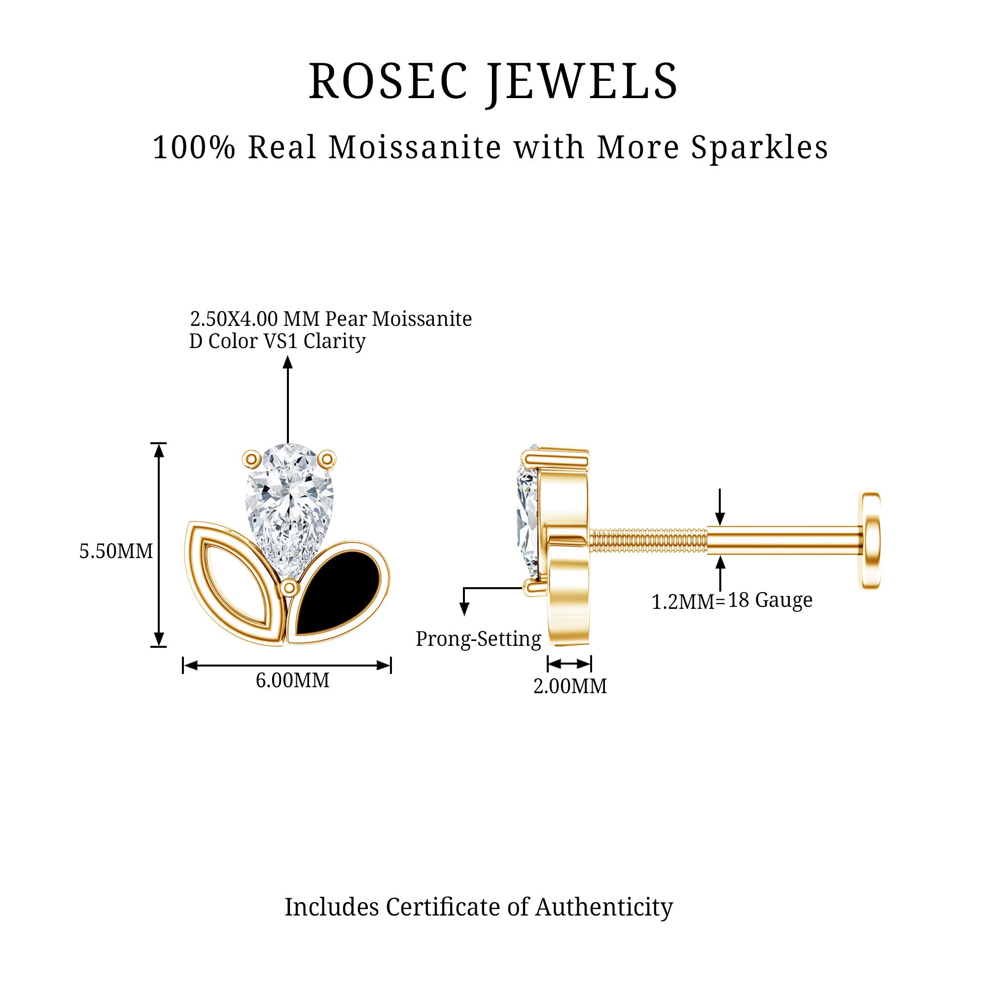 Pear Cut Moissanite Cartilage Earring with Black Enamel D-VS1 - Rosec Jewels