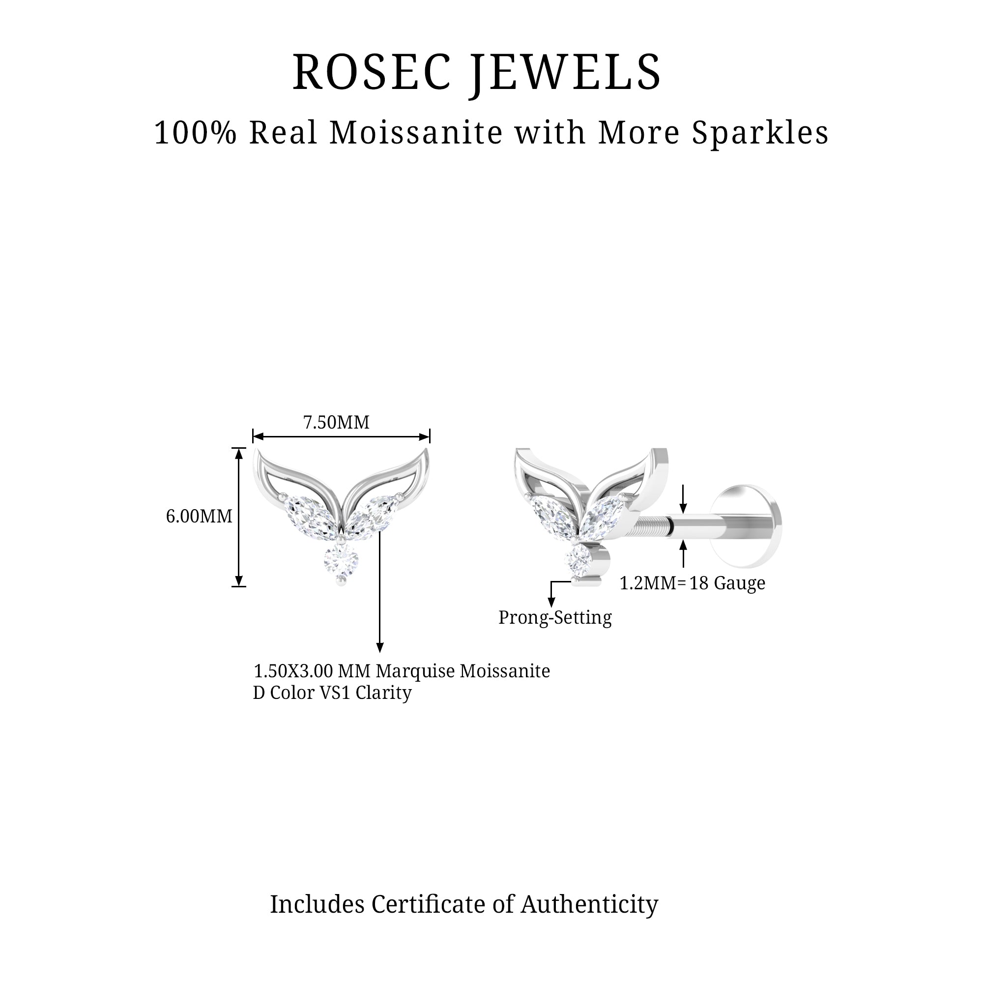 Certified Moissanite Fishtail Earring for Cartilage Piercing D-VS1 - Rosec Jewels