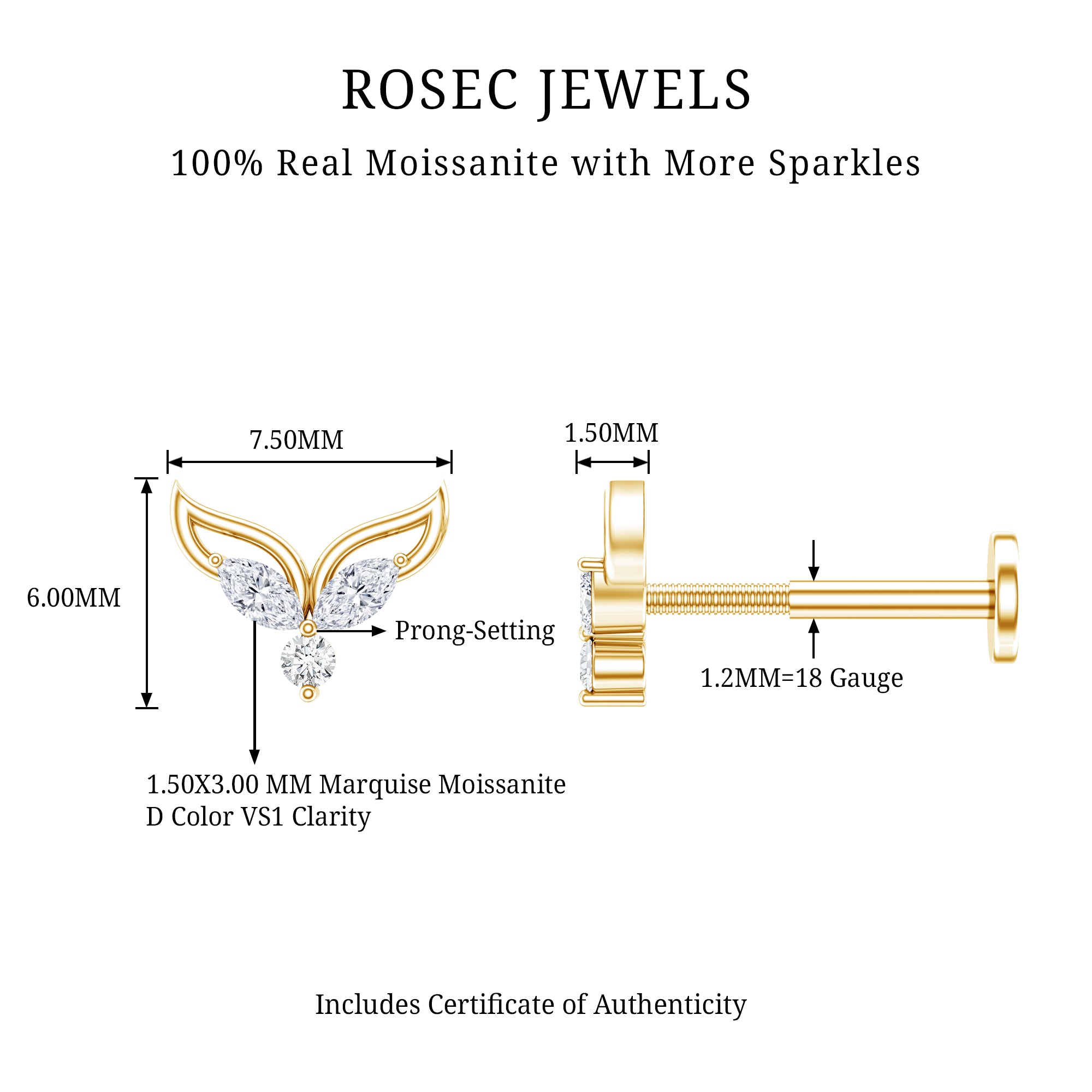 Certified Moissanite Fishtail Earring for Cartilage Piercing D-VS1 - Rosec Jewels