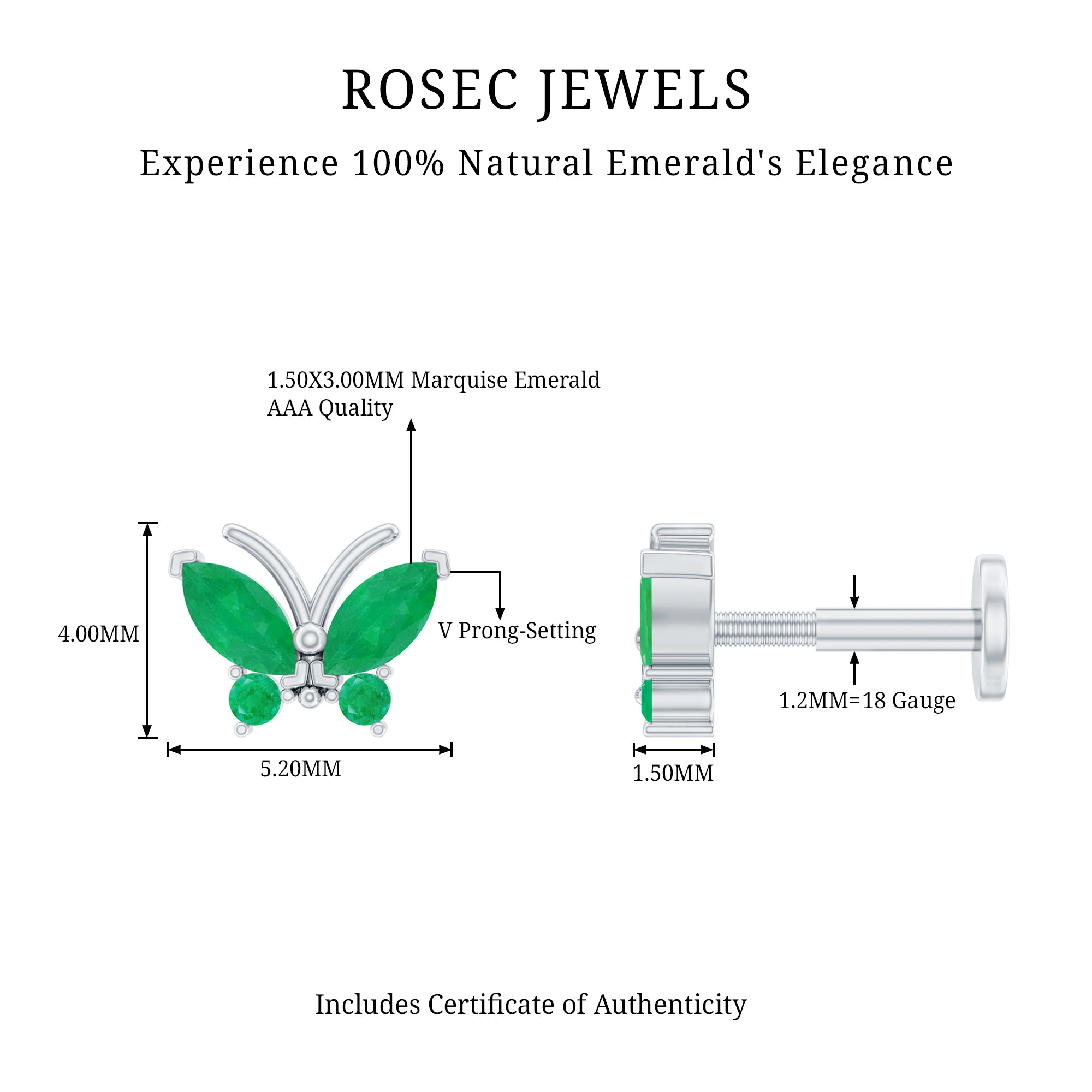 Natural Emerald Butterfly Earring for Cartilage Piercing AAA - Rosec Jewels