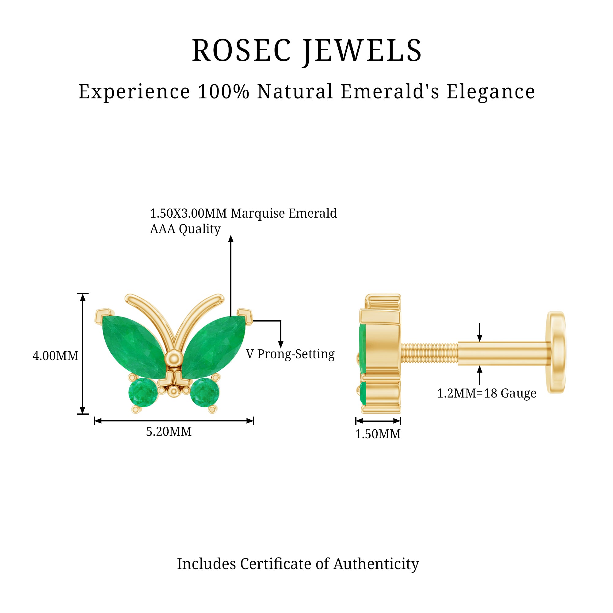 Natural Emerald Butterfly Earring for Cartilage Piercing AAA - Rosec Jewels